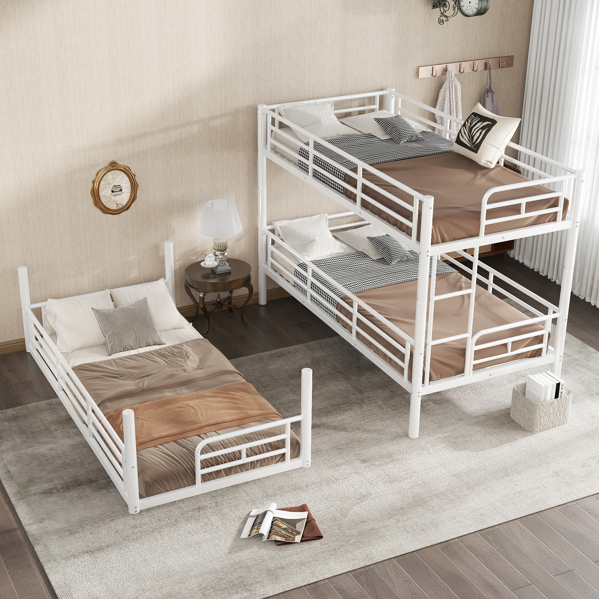 Twin over Twin over Twin Bunk Bed, Metal Triple Bunk Bed with Safety Guardrails, Heavy-duty Bunk Bed with Noise-reduced Design, White - Image 3
