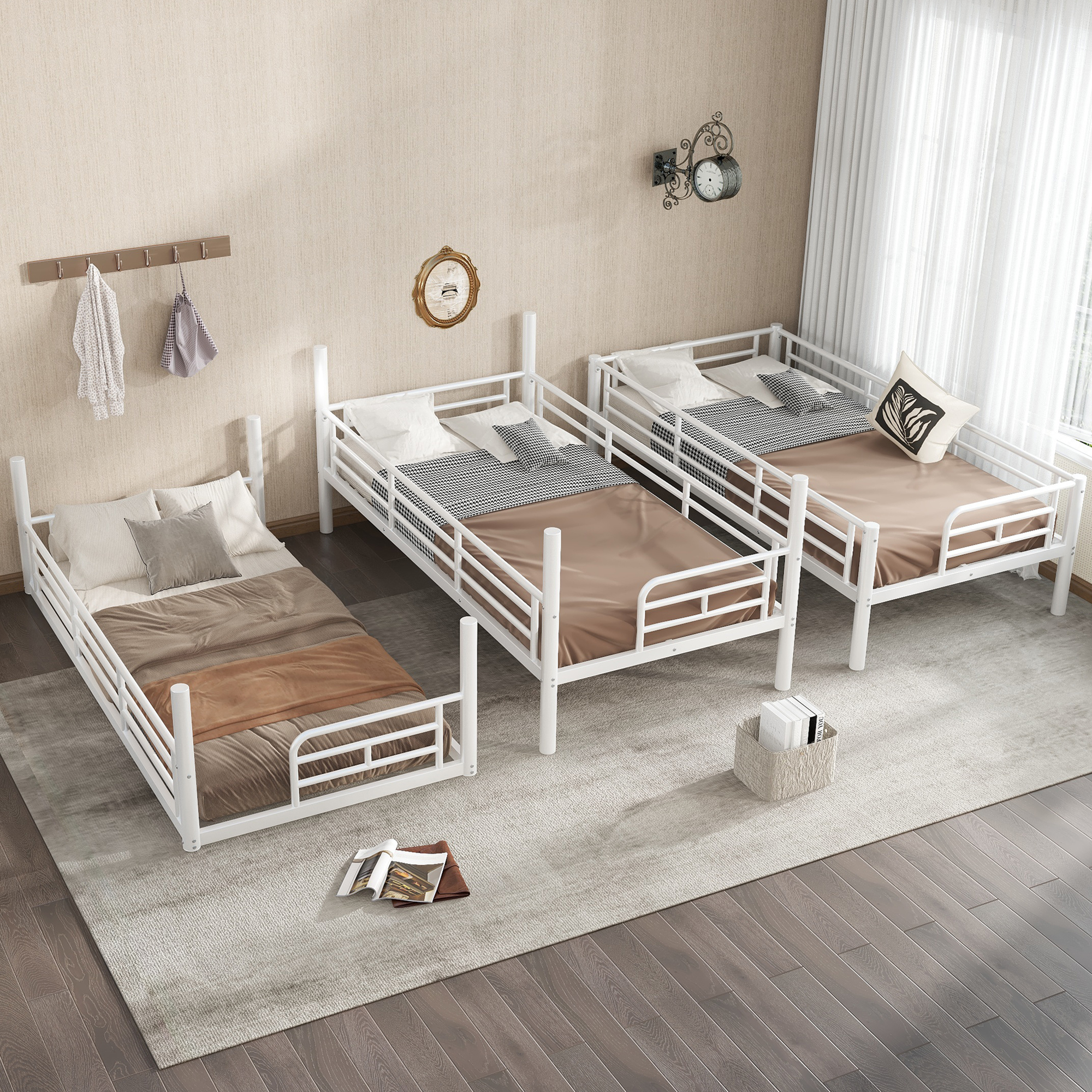 Twin over Twin over Twin Bunk Bed, Metal Triple Bunk Bed with Safety Guardrails, Heavy-duty Bunk Bed with Noise-reduced Design, White - Image 4
