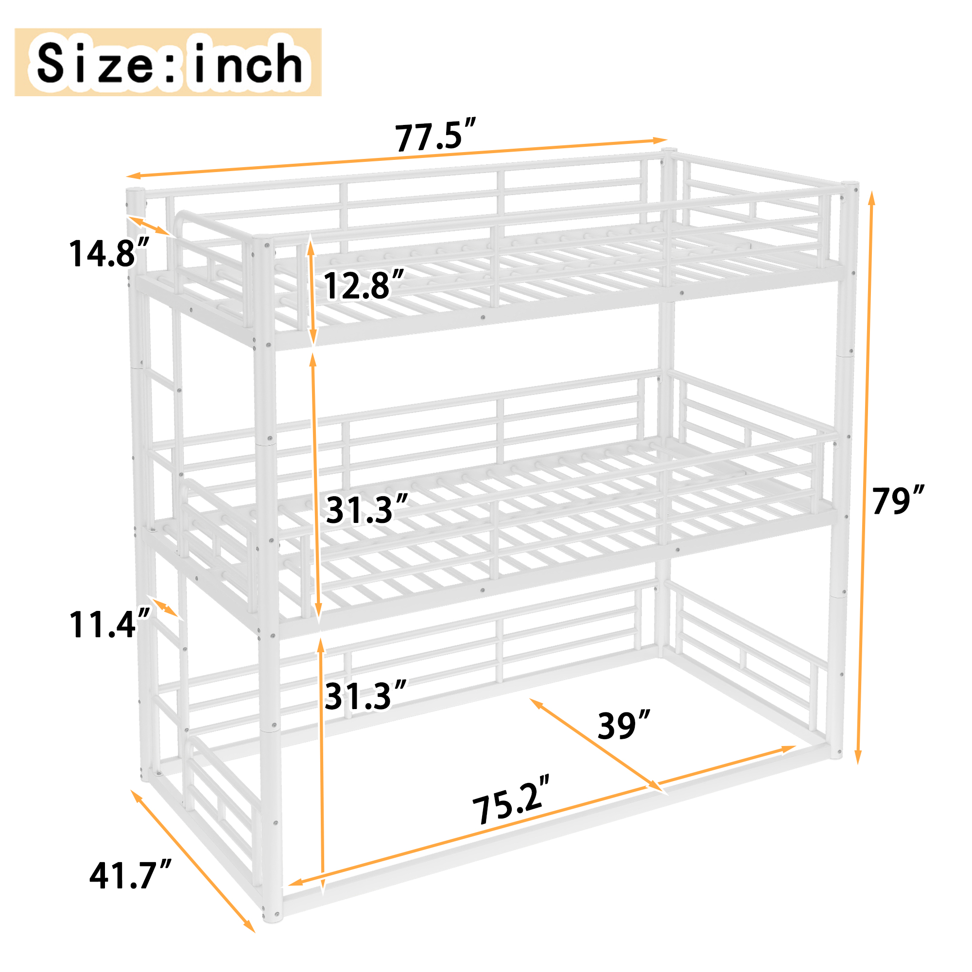 Twin over Twin over Twin Bunk Bed, Metal Triple Bunk Bed with Safety Guardrails, Heavy-duty Bunk Bed with Noise-reduced Design, White - Image 5