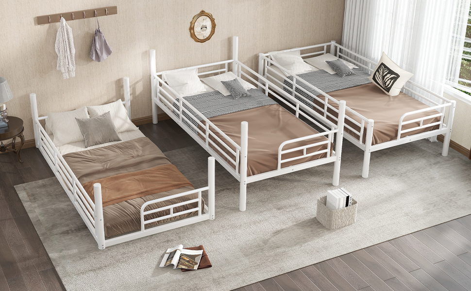 Twin over Twin over Twin Bunk Bed, Metal Triple Bunk Bed with Safety Guardrails, Heavy-duty Bunk Bed with Noise-reduced Design, White - Image 6