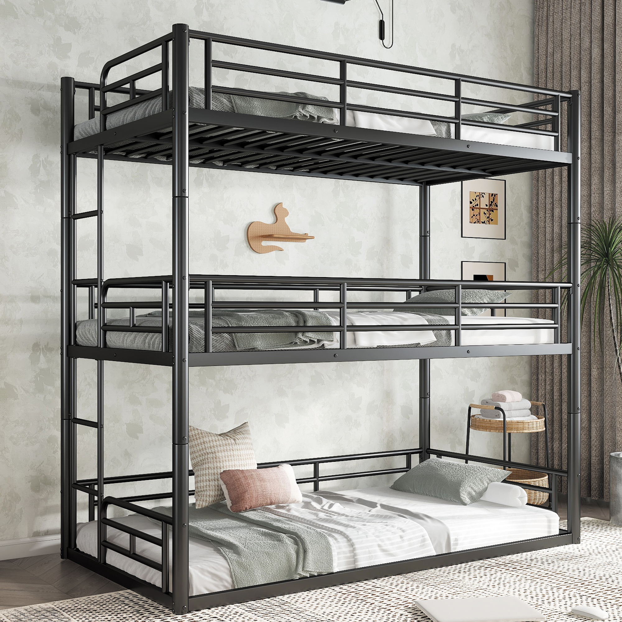 Twin over Twin over Twin Bunk Bed, Metal Triple Bunk Bed with Safety Guardrails, Heavy-duty Bunk Bed with Noise-reduced Design, Black - Image 1