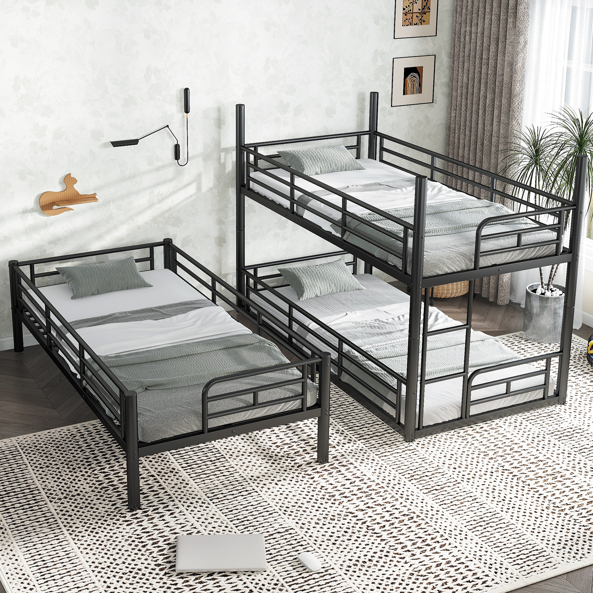Twin over Twin over Twin Bunk Bed, Metal Triple Bunk Bed with Safety Guardrails, Heavy-duty Bunk Bed with Noise-reduced Design, Black - Image 2