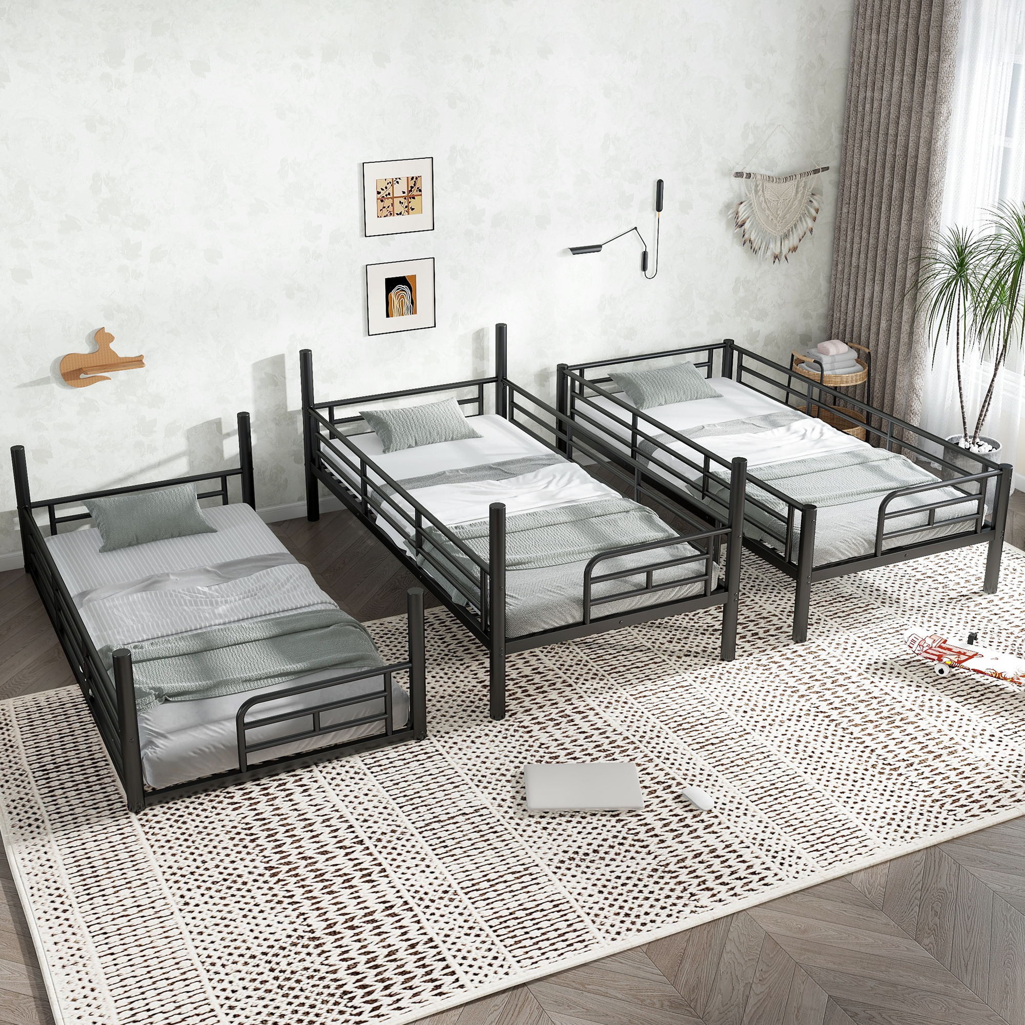 Twin over Twin over Twin Bunk Bed, Metal Triple Bunk Bed with Safety Guardrails, Heavy-duty Bunk Bed with Noise-reduced Design, Black - Image 3