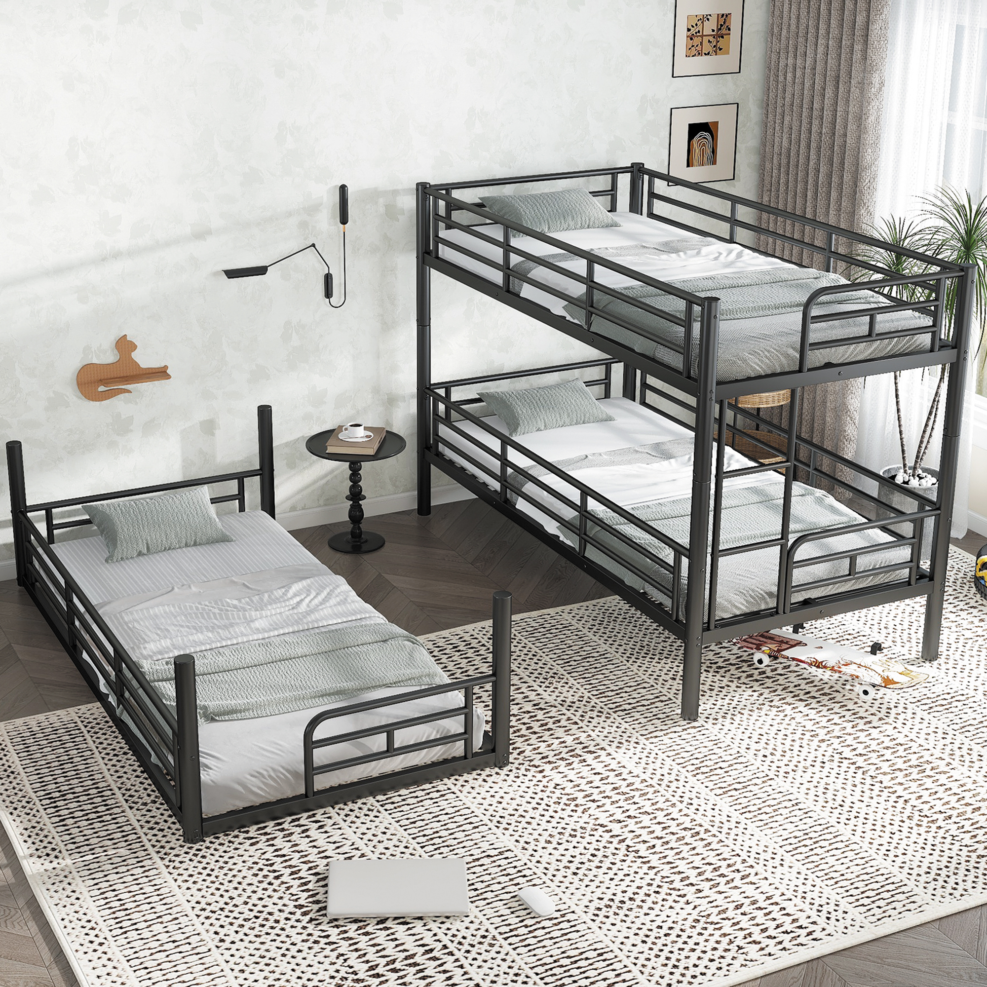 Twin over Twin over Twin Bunk Bed, Metal Triple Bunk Bed with Safety Guardrails, Heavy-duty Bunk Bed with Noise-reduced Design, Black - Image 4