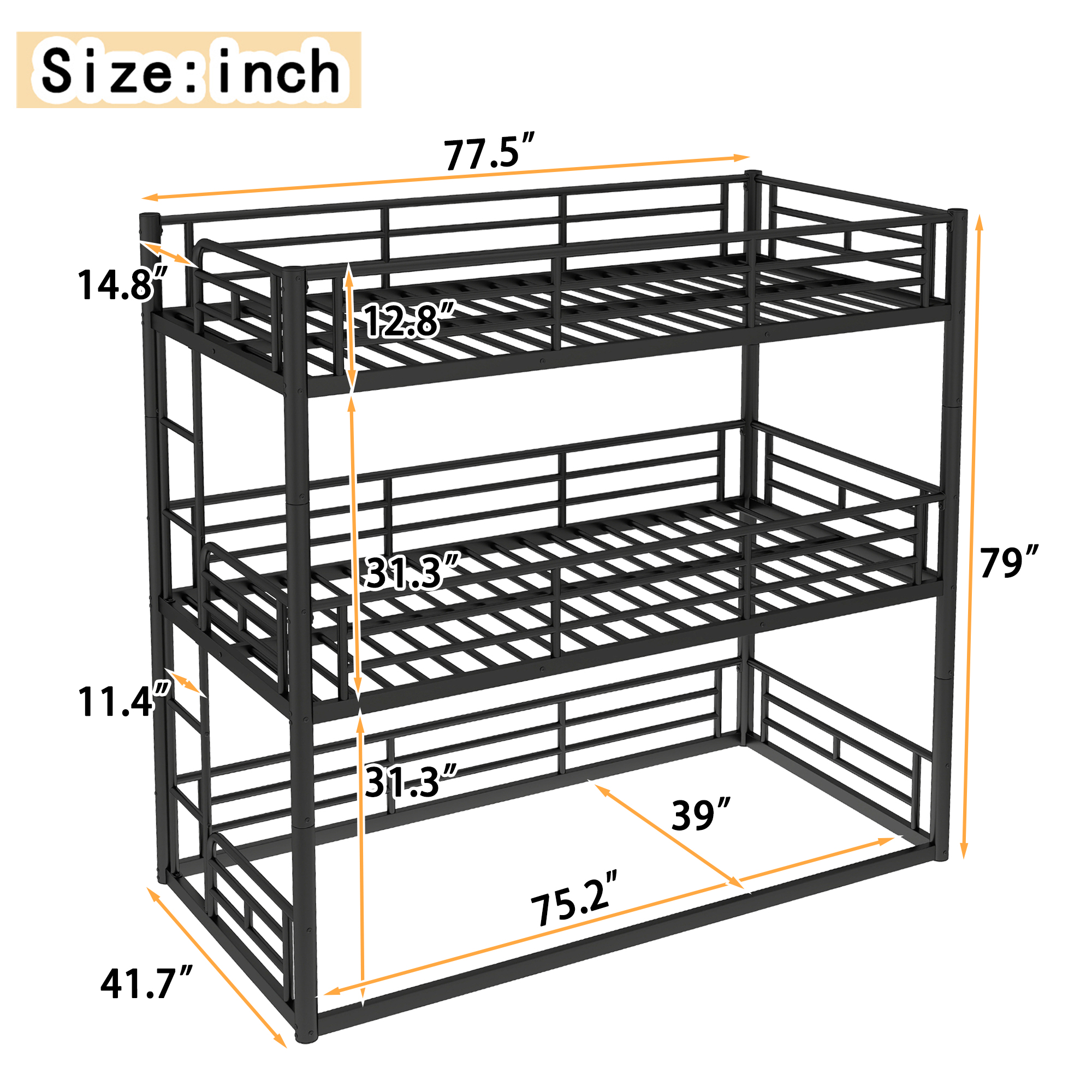Twin over Twin over Twin Bunk Bed, Metal Triple Bunk Bed with Safety Guardrails, Heavy-duty Bunk Bed with Noise-reduced Design, Black - Image 5