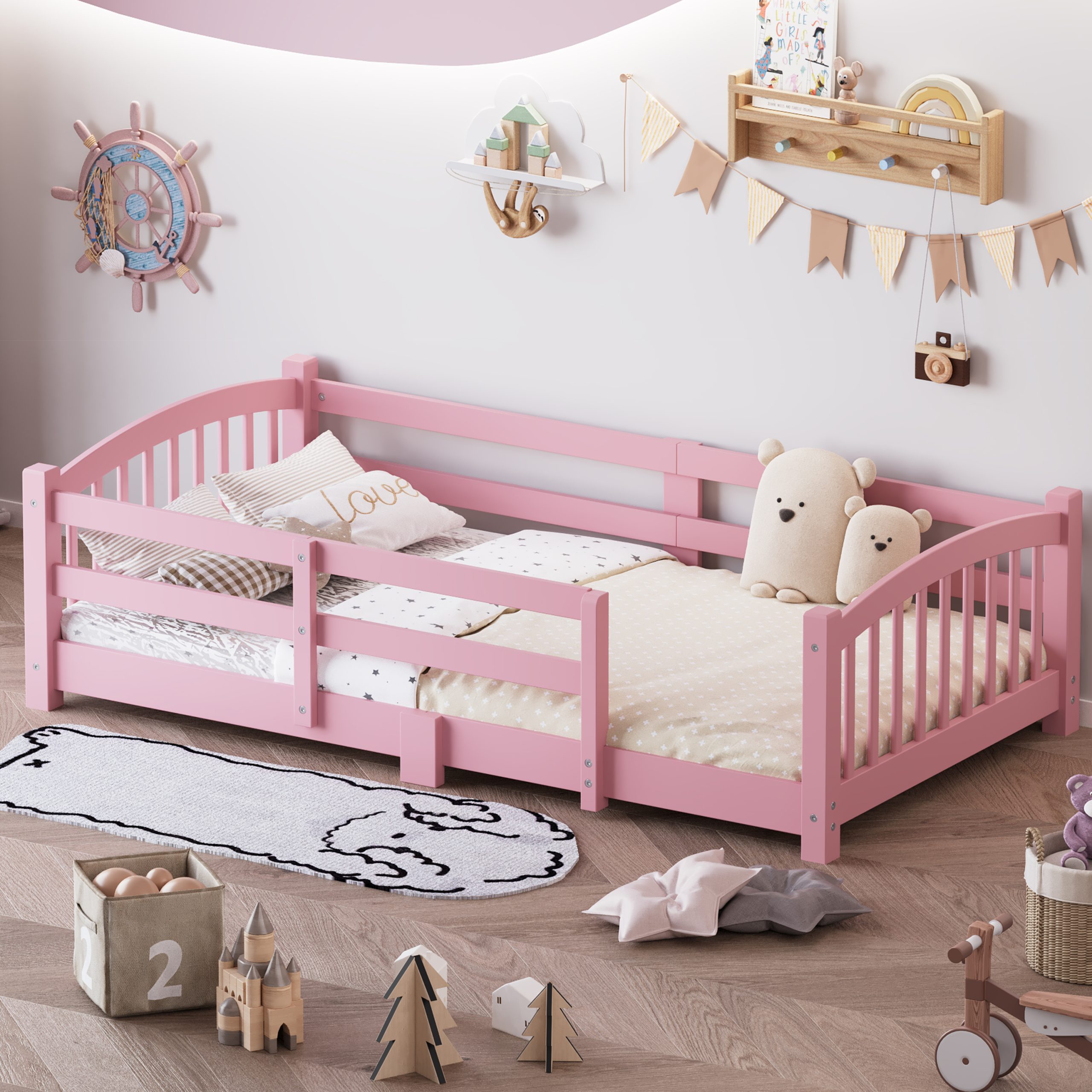 Twin Montessori Floor Bed with Slats and Safety Guardrails, Solid Wood Floor Bed with Fence and Without Door, Easy Assemble Montessori Bed for Girls and Boys, Pink - Image 2