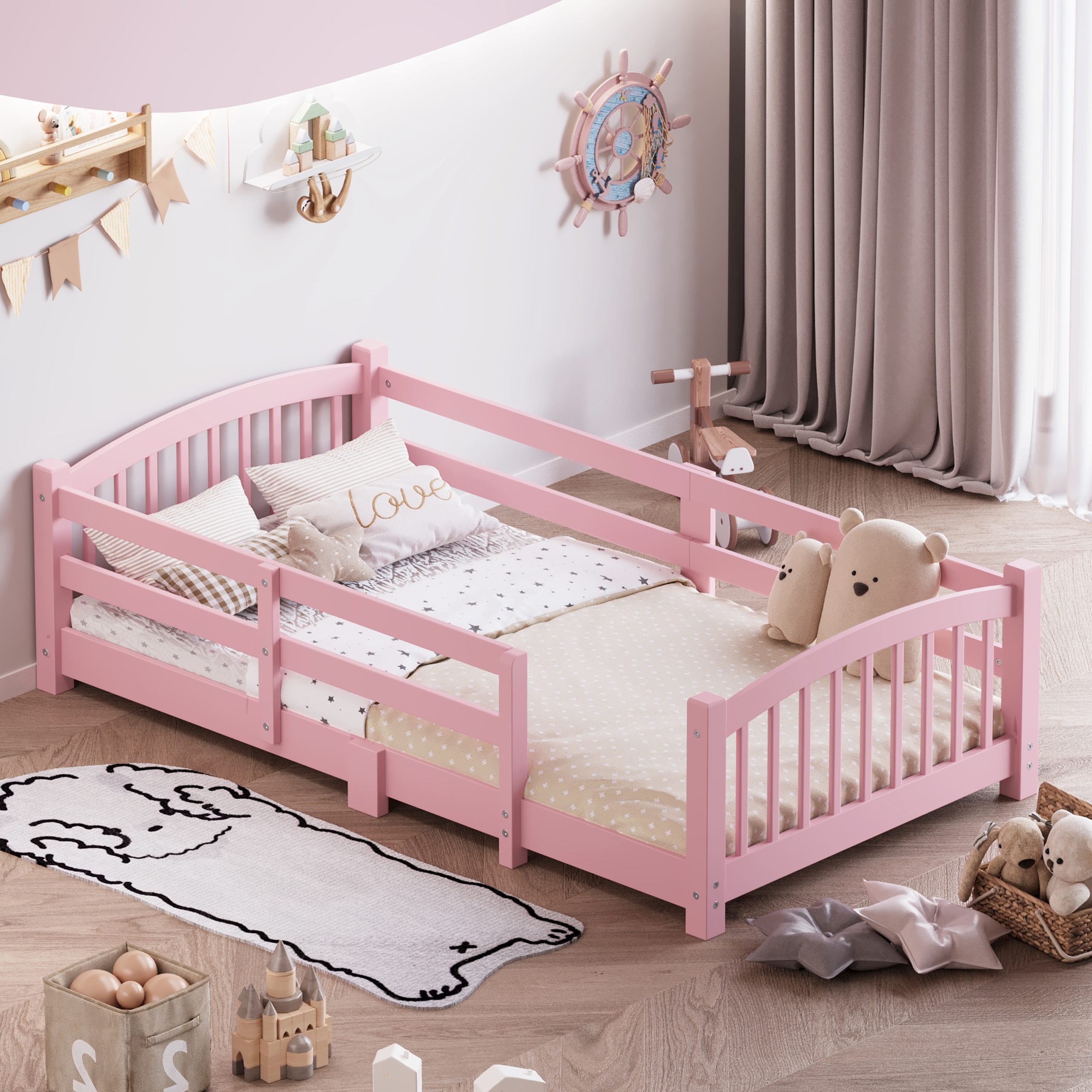 Twin Montessori Floor Bed with Slats and Safety Guardrails, Solid Wood Floor Bed with Fence and Without Door, Easy Assemble Montessori Bed for Girls and Boys, Pink - Image 3