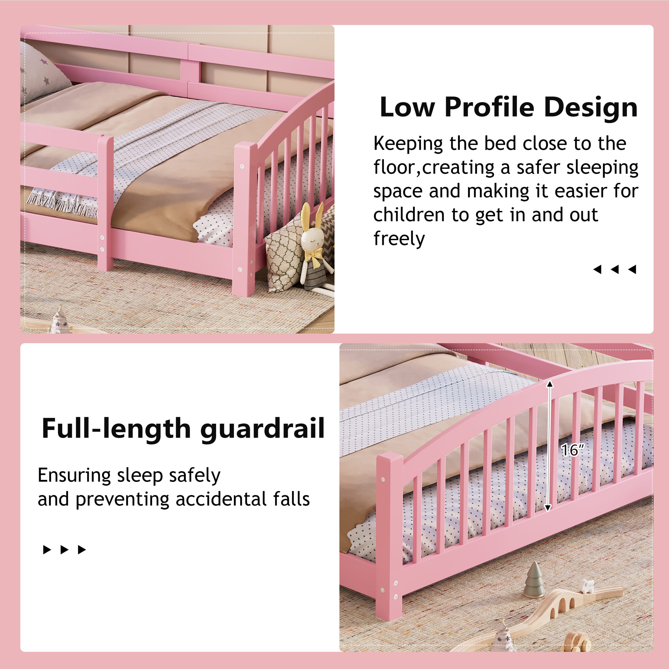 Twin Montessori Floor Bed with Slats and Safety Guardrails, Solid Wood Floor Bed with Fence and Without Door, Easy Assemble Montessori Bed for Girls and Boys, Pink - Image 5