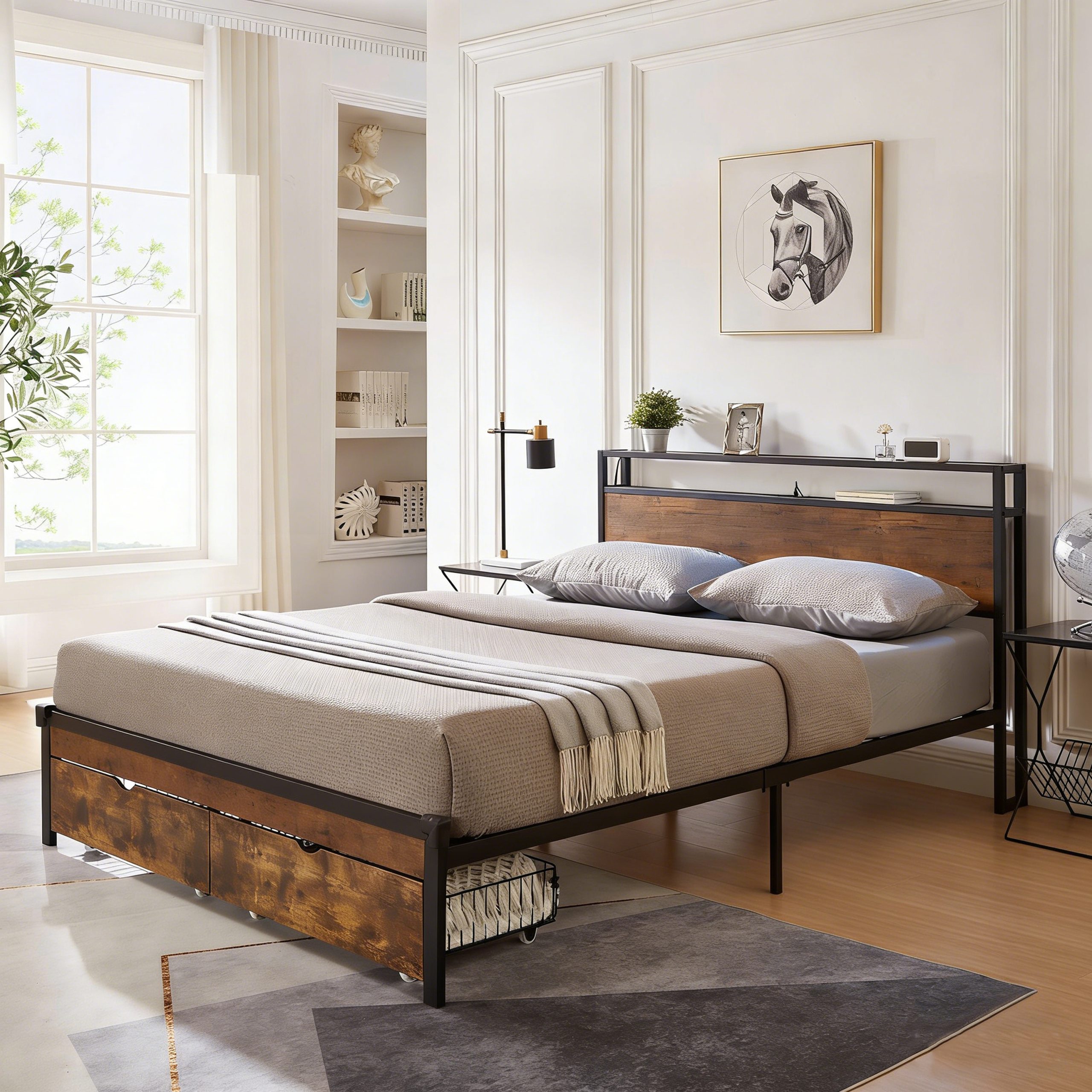 Queen Size Metal Platform Bed Frame with Wooden Headboard and Footboard with USB,Charging Station,2 Drawers, No Box Spring Needed, Easy Assemble - Image 2