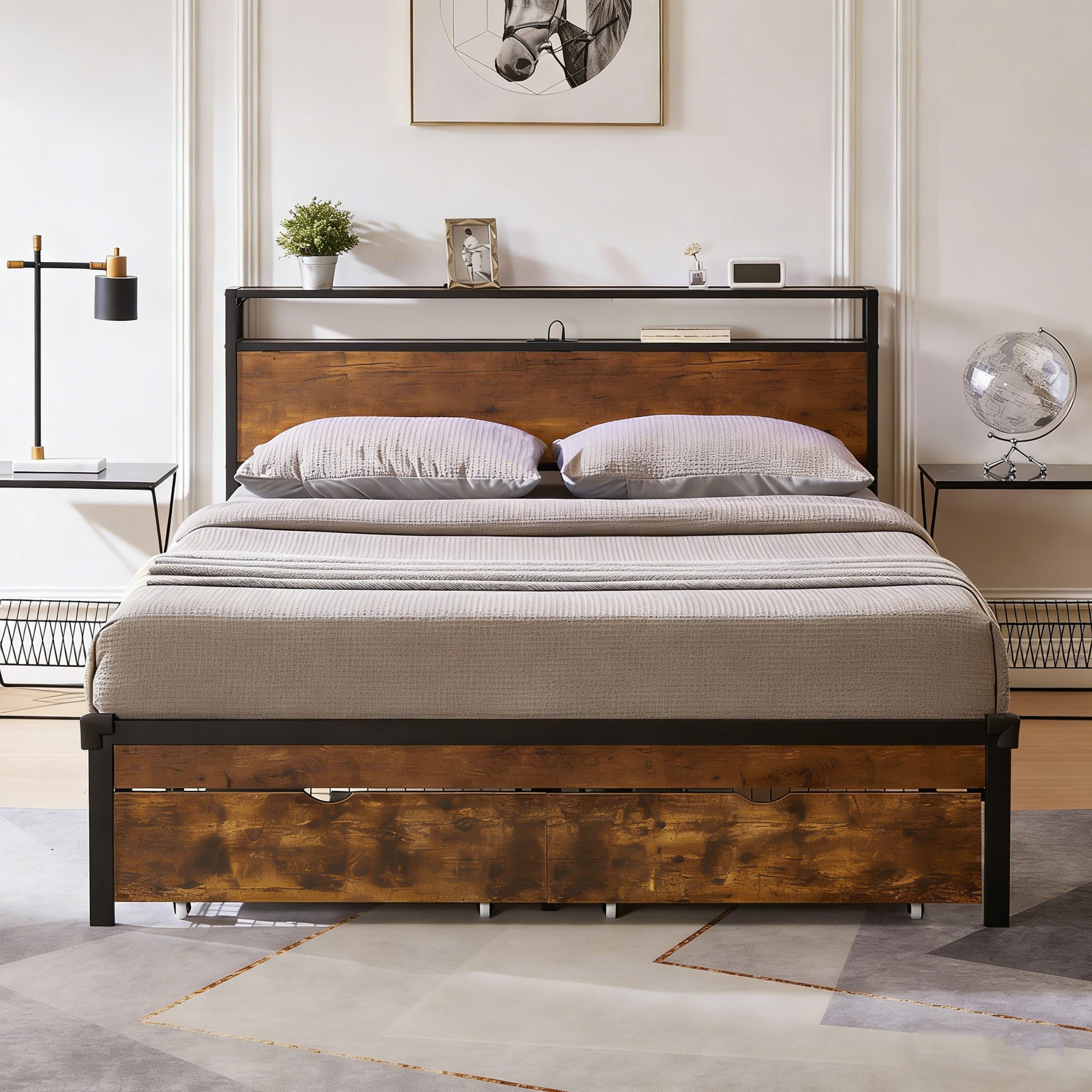 Queen Size Metal Platform Bed Frame with Wooden Headboard and Footboard with USB,Charging Station,2 Drawers, No Box Spring Needed, Easy Assemble - Image 3