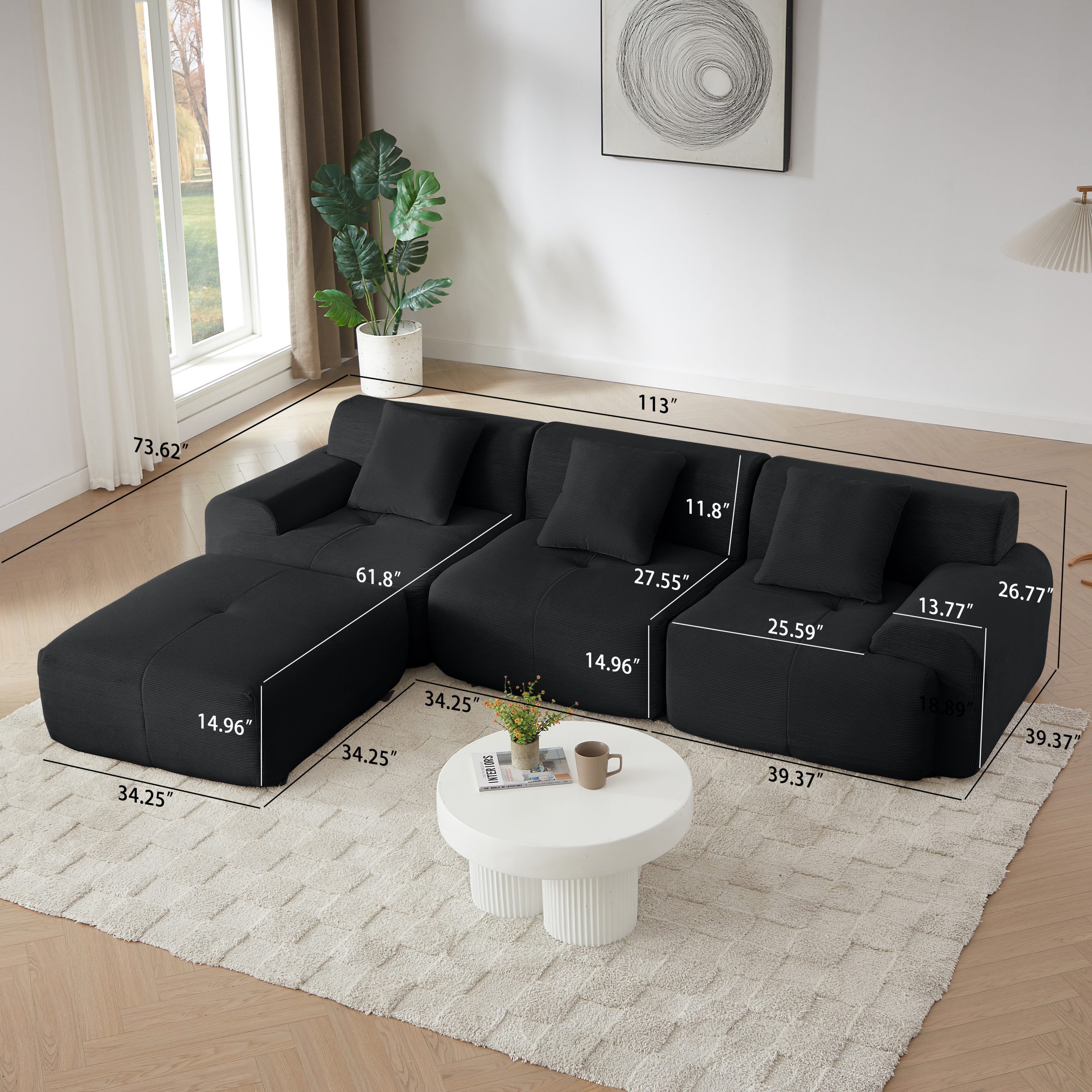 113" Modern L-Shaped Modular Sectional Sofa for Living Room, Corduroy Upholstery black, Oversized 3-Seater Couch with Deep Seat and Movable Ottoman – No Assembly - Image 2