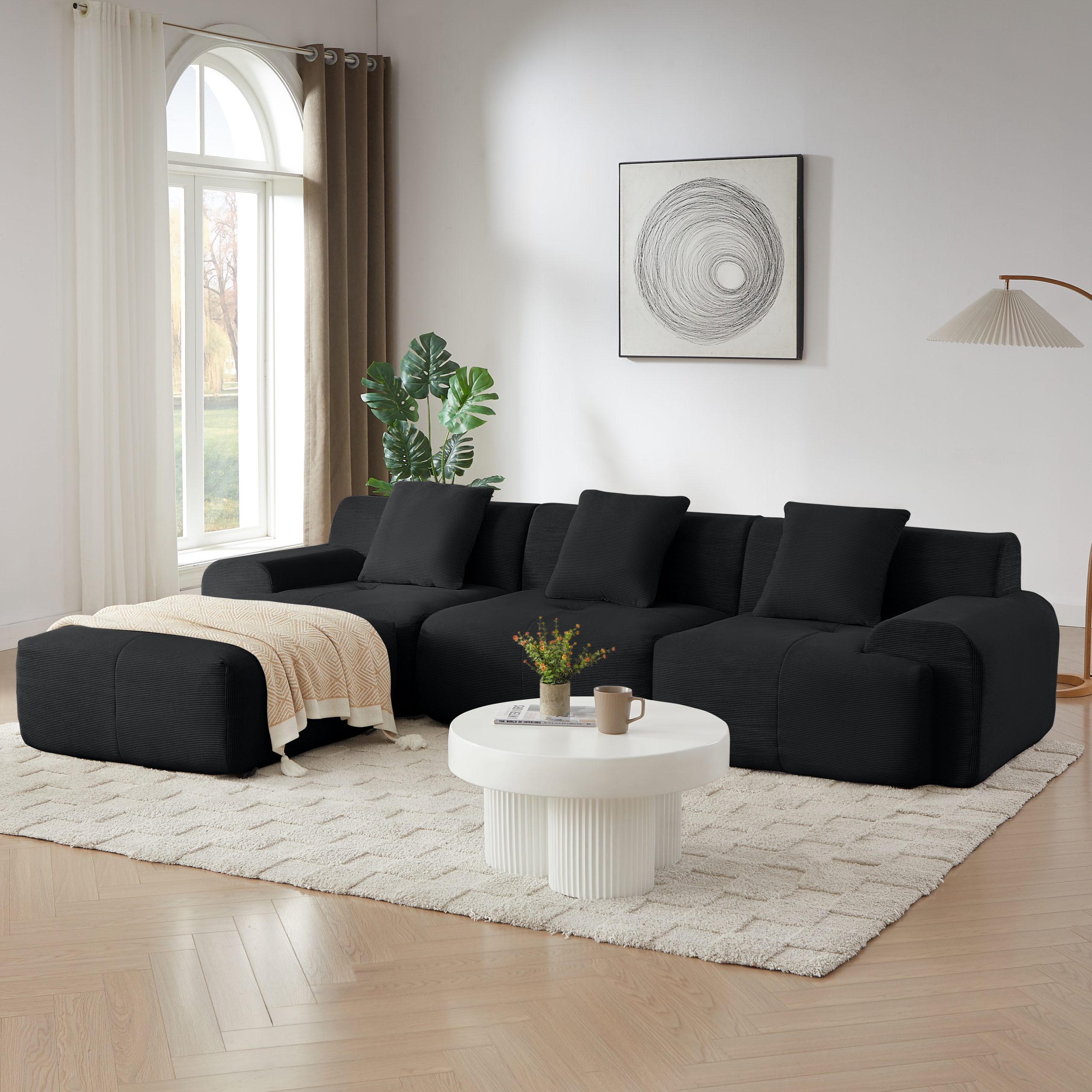 113" Modern L-Shaped Modular Sectional Sofa for Living Room, Corduroy Upholstery black, Oversized 3-Seater Couch with Deep Seat and Movable Ottoman – No Assembly - Image 3
