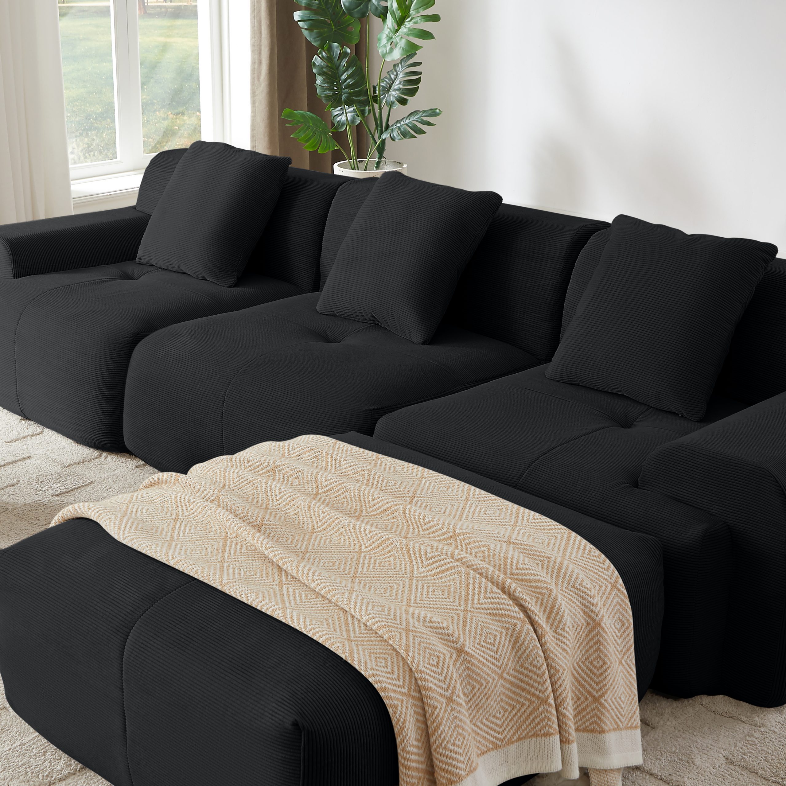 113" Modern L-Shaped Modular Sectional Sofa for Living Room, Corduroy Upholstery black, Oversized 3-Seater Couch with Deep Seat and Movable Ottoman – No Assembly - Image 4