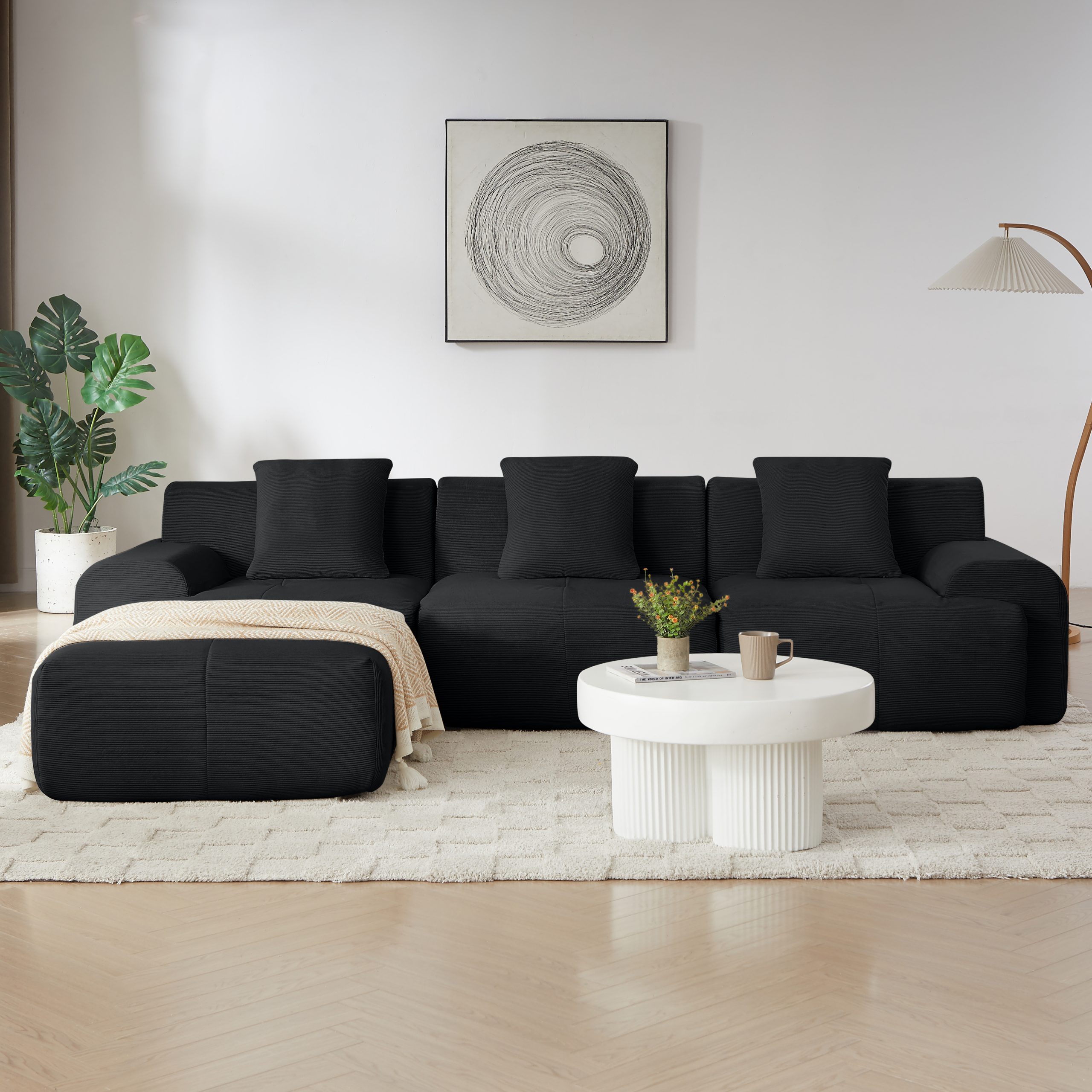 113" Modern L-Shaped Modular Sectional Sofa for Living Room, Corduroy Upholstery black, Oversized 3-Seater Couch with Deep Seat and Movable Ottoman – No Assembly - Image 6