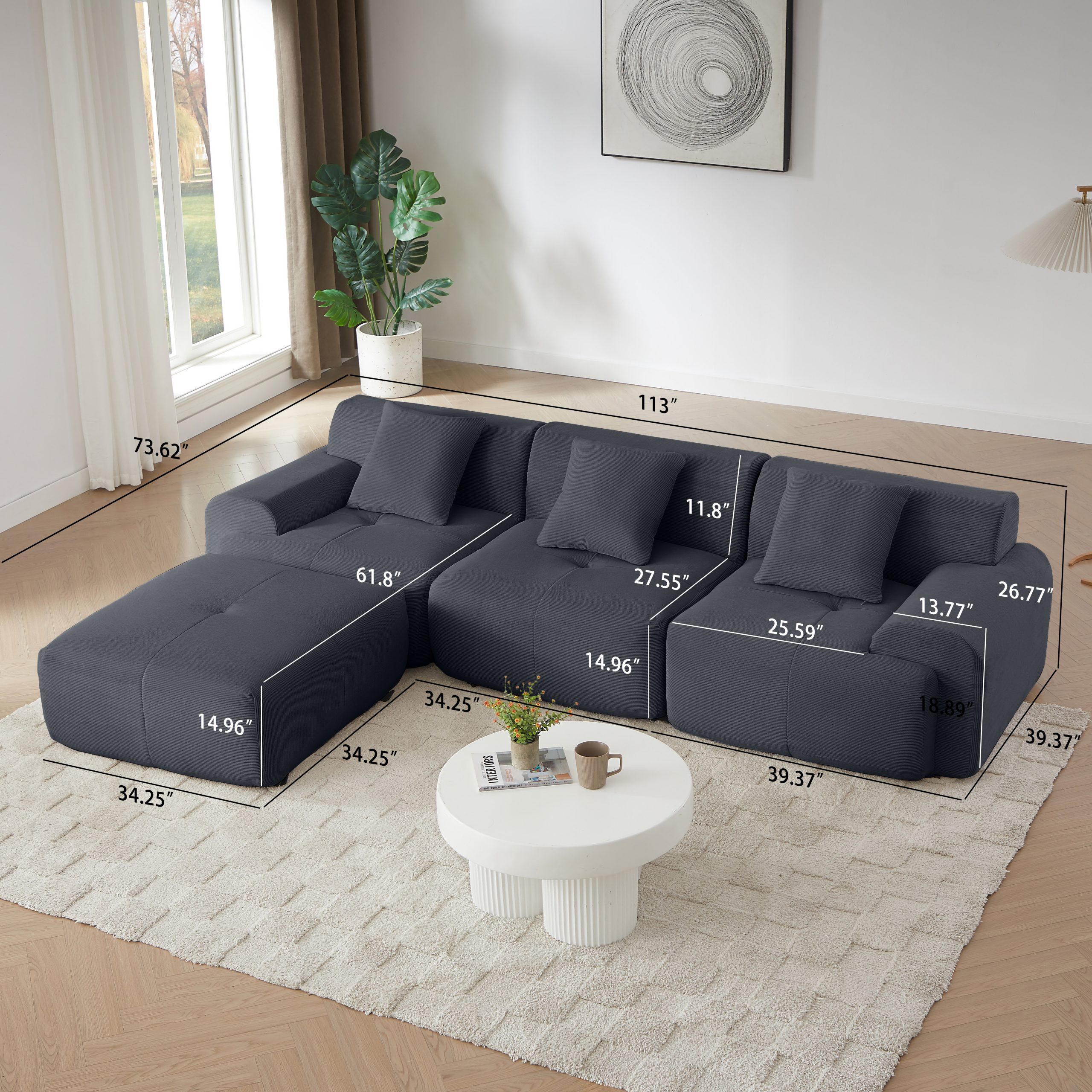 113" Modern L-Shaped Modular Sectional Sofa for Living Room, Corduroy Upholstery dark gray, Oversized 3-Seater Couch with Deep Seat and Movable Ottoman – No Assembly - Image 2
