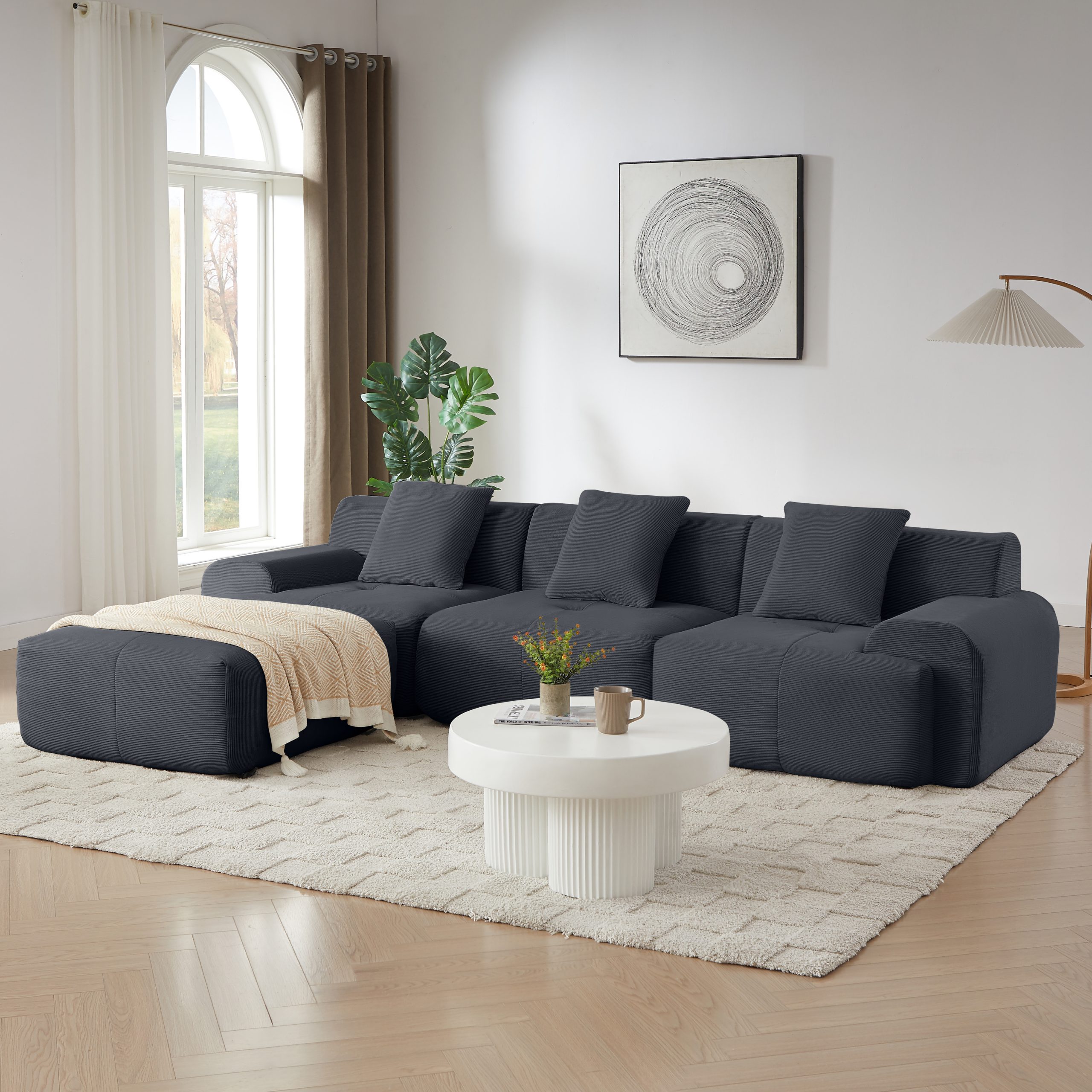 113" Modern L-Shaped Modular Sectional Sofa for Living Room, Corduroy Upholstery dark gray, Oversized 3-Seater Couch with Deep Seat and Movable Ottoman – No Assembly - Image 3