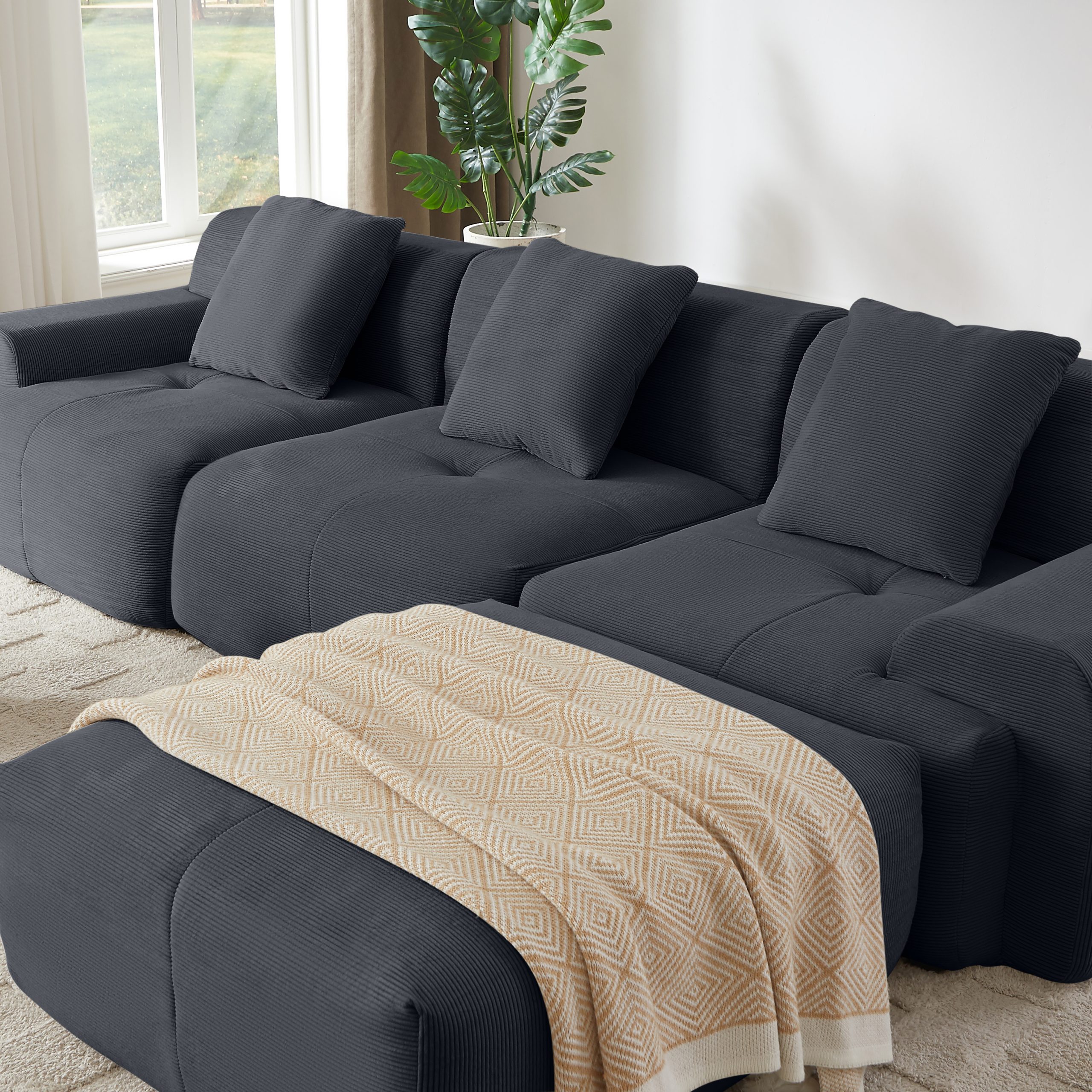 113" Modern L-Shaped Modular Sectional Sofa for Living Room, Corduroy Upholstery dark gray, Oversized 3-Seater Couch with Deep Seat and Movable Ottoman – No Assembly - Image 4