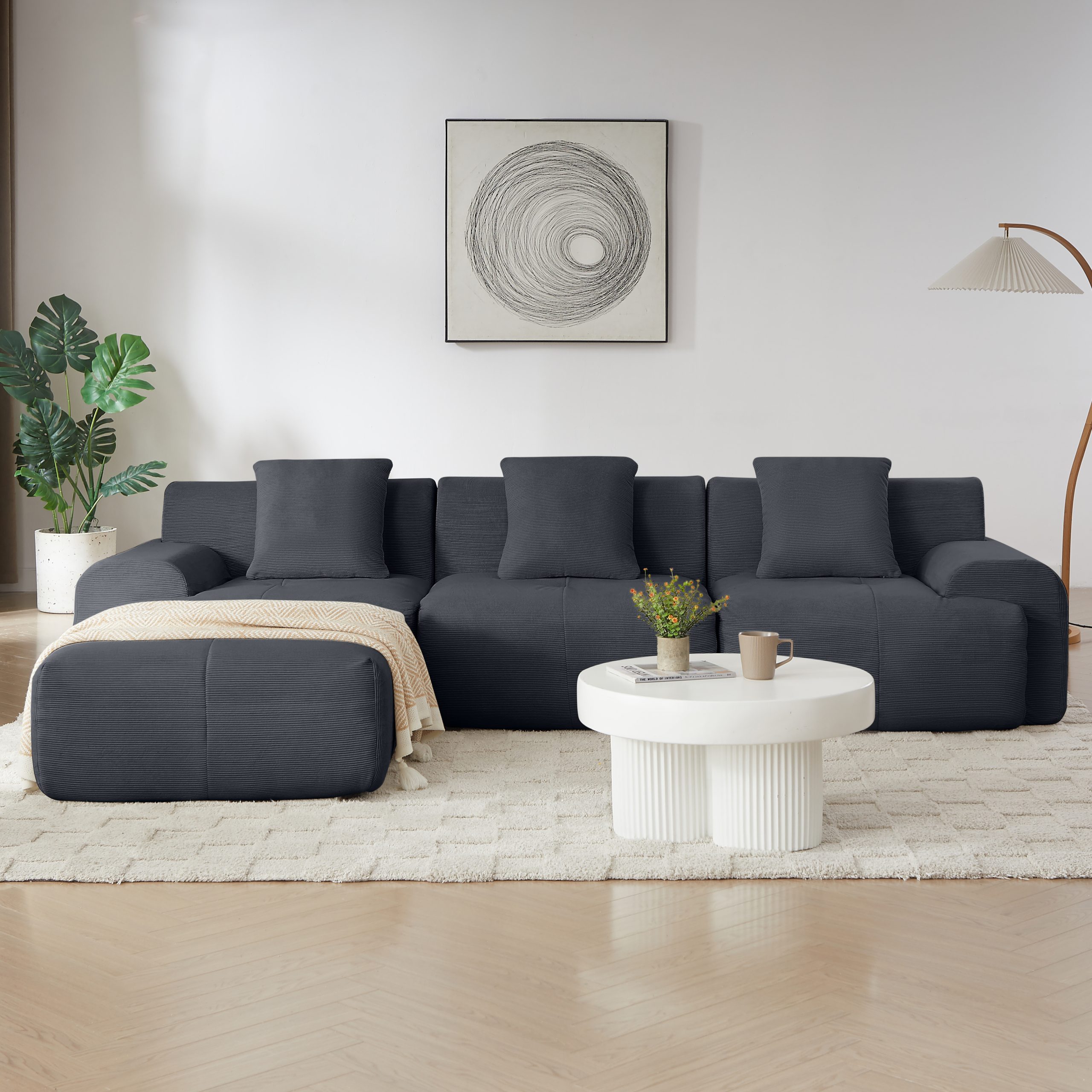 113" Modern L-Shaped Modular Sectional Sofa for Living Room, Corduroy Upholstery dark gray, Oversized 3-Seater Couch with Deep Seat and Movable Ottoman – No Assembly - Image 6