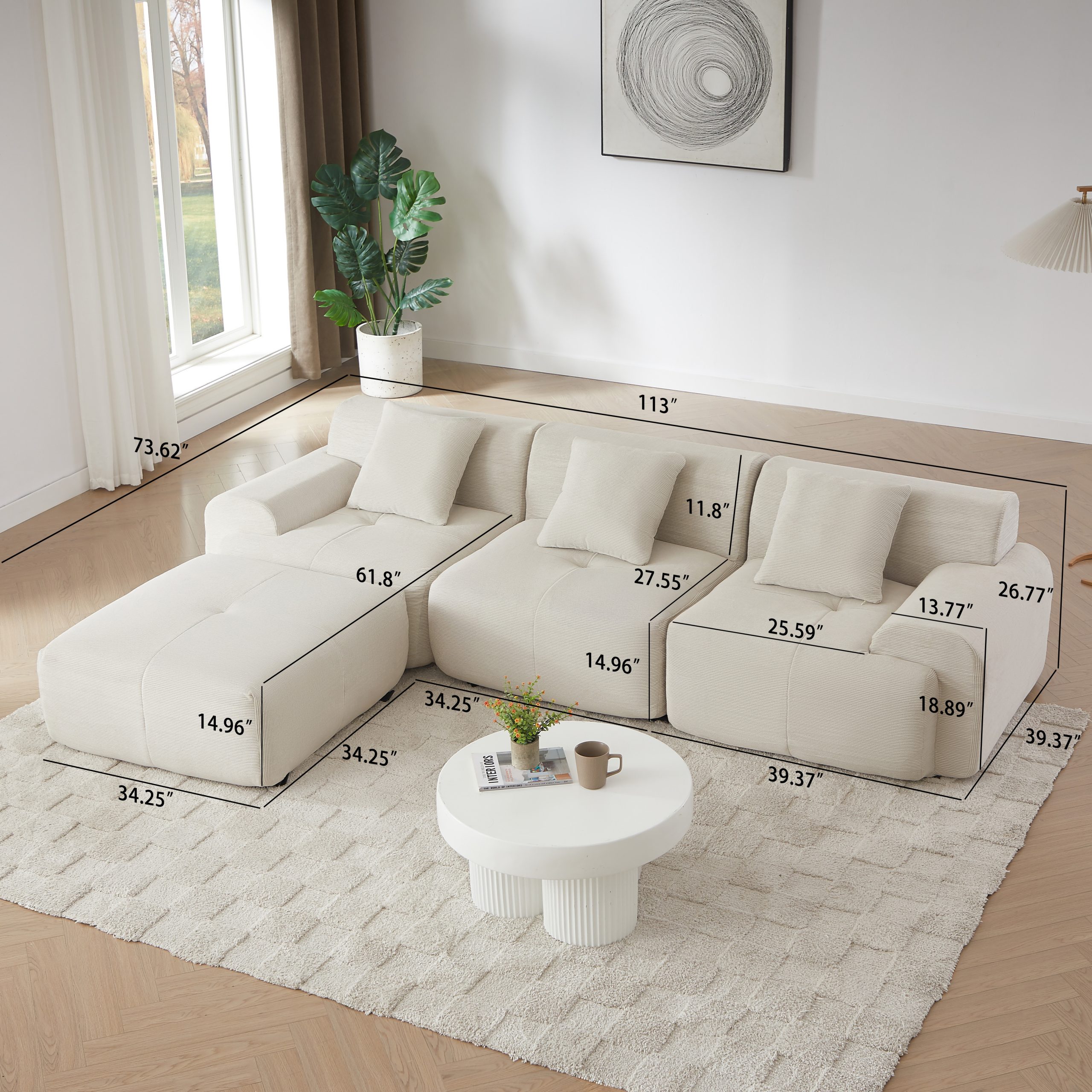 113" Modern L-Shaped Modular Sectional Sofa for Living Room, Corduroy Upholstery beige, Oversized 3-Seater Couch with Deep Seat and Movable Ottoman – No Assembly - Image 2