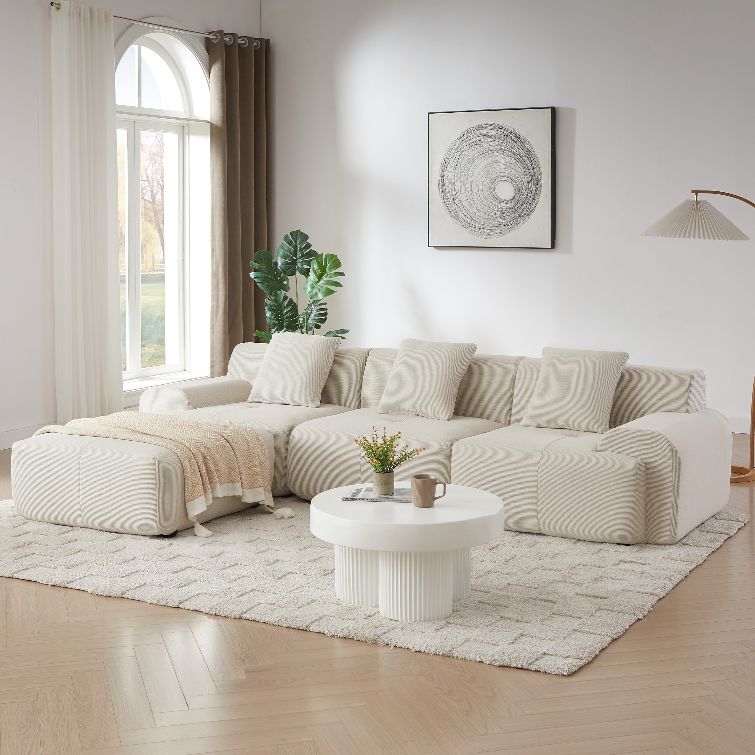 113" Modern L-Shaped Modular Sectional Sofa for Living Room, Corduroy Upholstery beige, Oversized 3-Seater Couch with Deep Seat and Movable Ottoman – No Assembly - Image 3