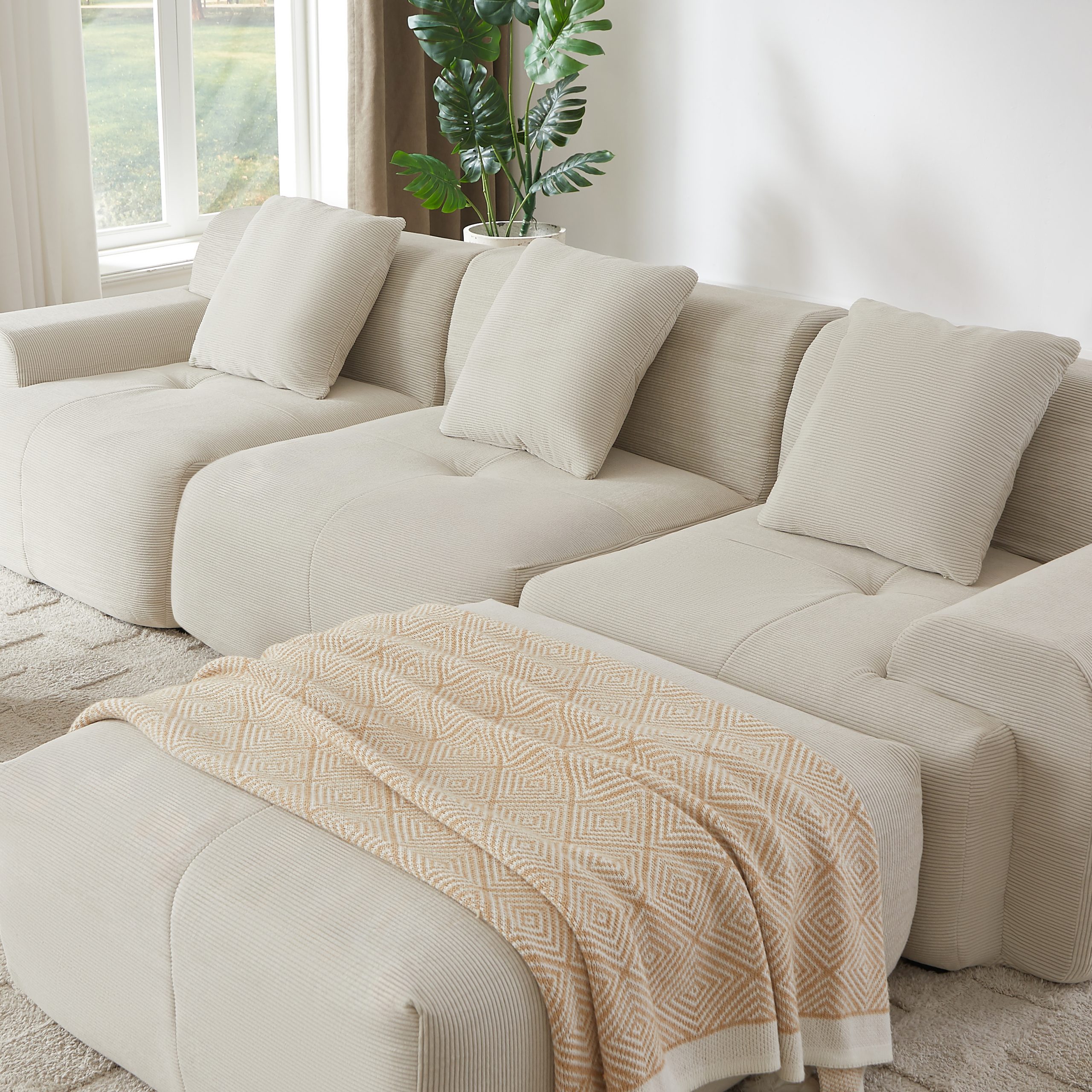 113" Modern L-Shaped Modular Sectional Sofa for Living Room, Corduroy Upholstery beige, Oversized 3-Seater Couch with Deep Seat and Movable Ottoman – No Assembly - Image 4