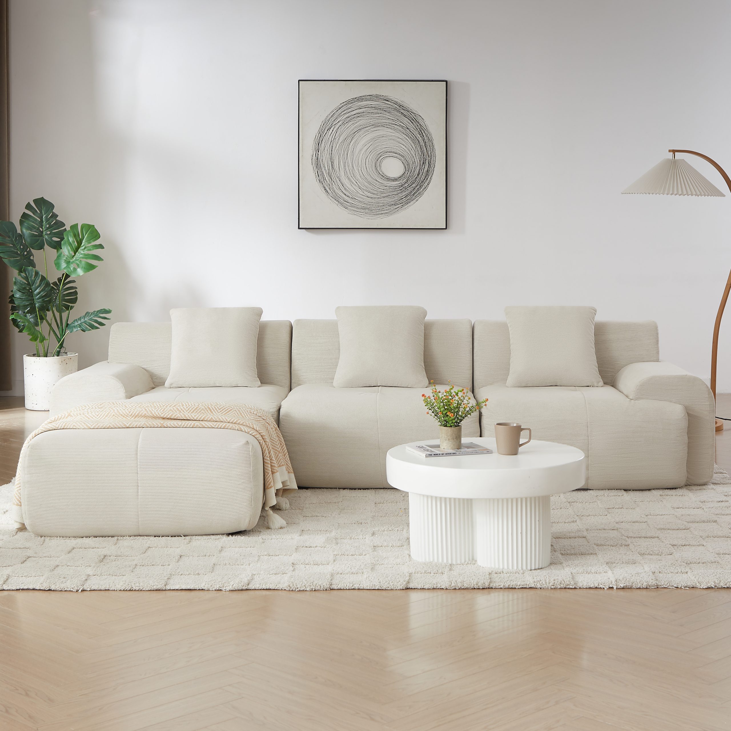 113" Modern L-Shaped Modular Sectional Sofa for Living Room, Corduroy Upholstery beige, Oversized 3-Seater Couch with Deep Seat and Movable Ottoman – No Assembly - Image 6