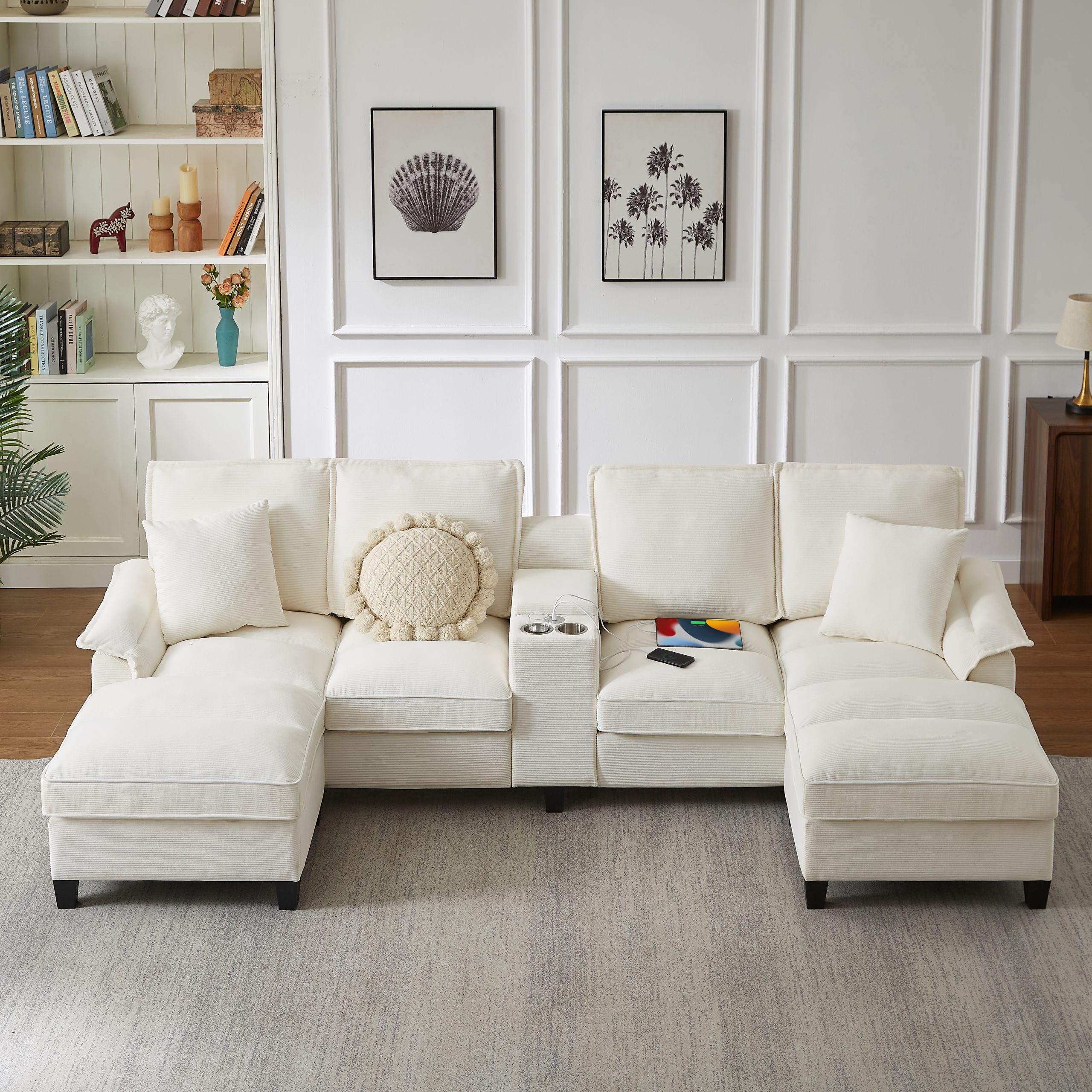 120" Modular Corduroy Sectional Sofa Bed with Storage – Modern U-Shaped Design, 4-Seater, Perfect for Living Room, Apartment, or Lounge, Featuring Cup Holders for Added Convenience (Beige)"​​ - Image 2