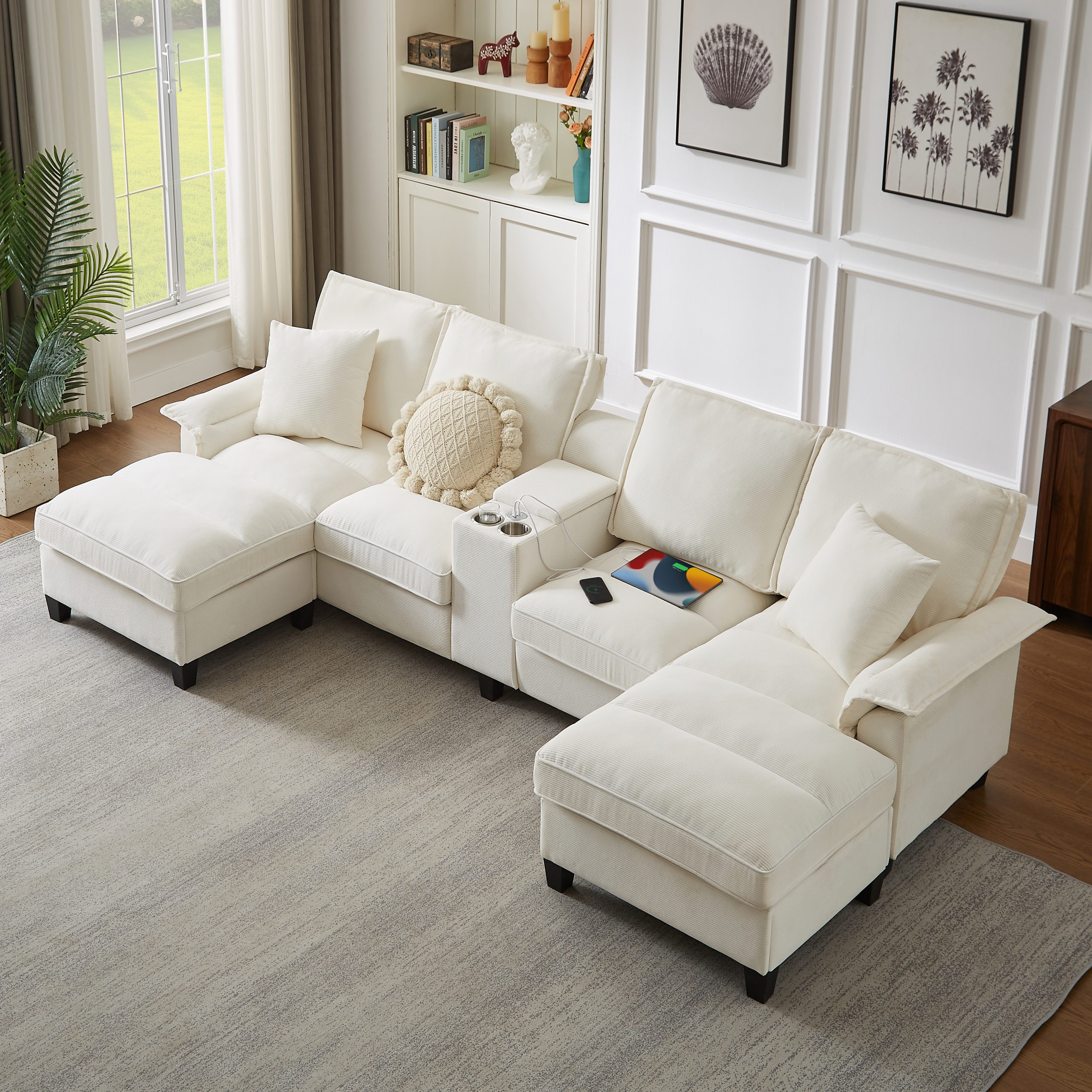120" Modular Corduroy Sectional Sofa Bed with Storage – Modern U-Shaped Design, 4-Seater, Perfect for Living Room, Apartment, or Lounge, Featuring Cup Holders for Added Convenience (Beige)"​​ - Image 3