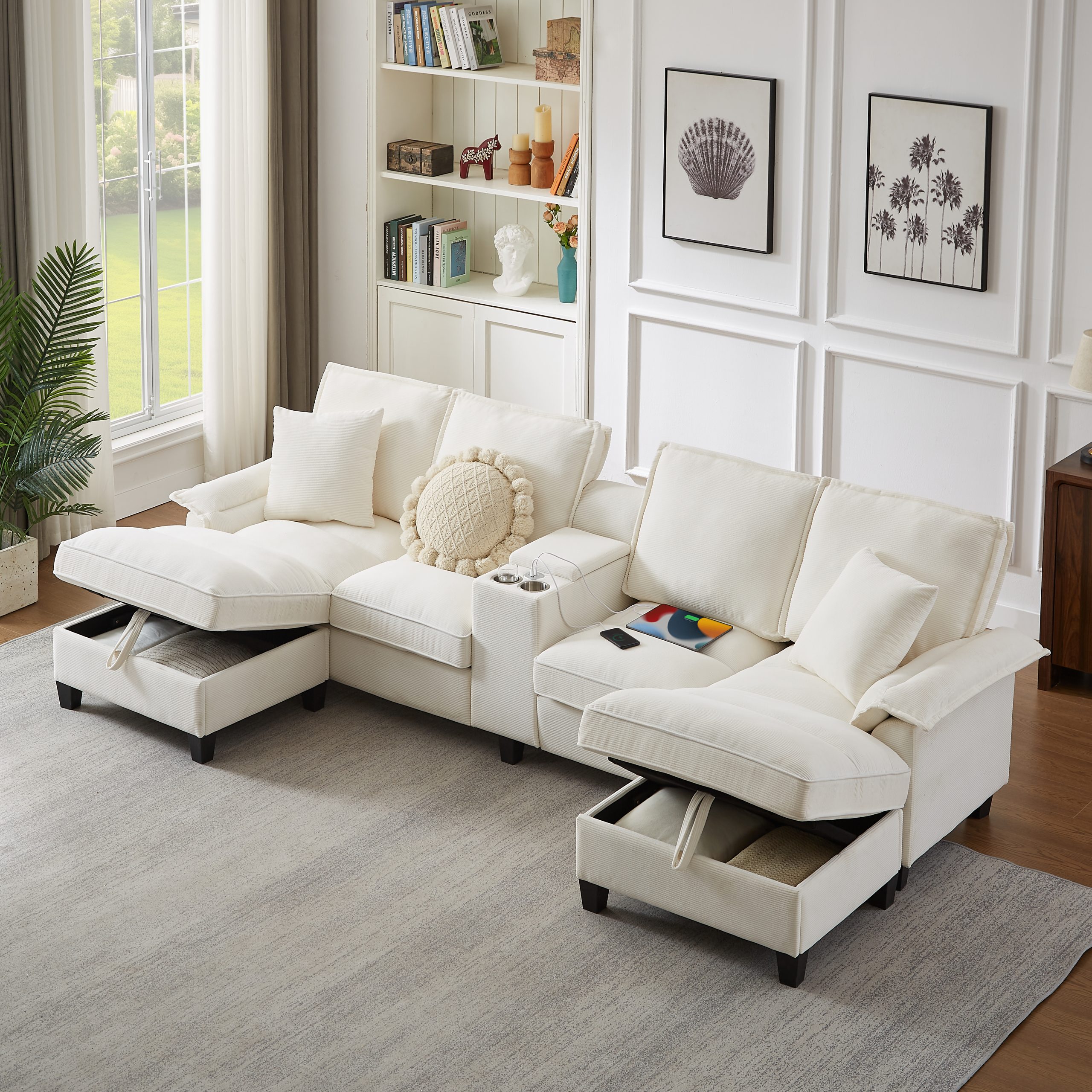 120" Modular Corduroy Sectional Sofa Bed with Storage – Modern U-Shaped Design, 4-Seater, Perfect for Living Room, Apartment, or Lounge, Featuring Cup Holders for Added Convenience (Beige)"​​ - Image 4