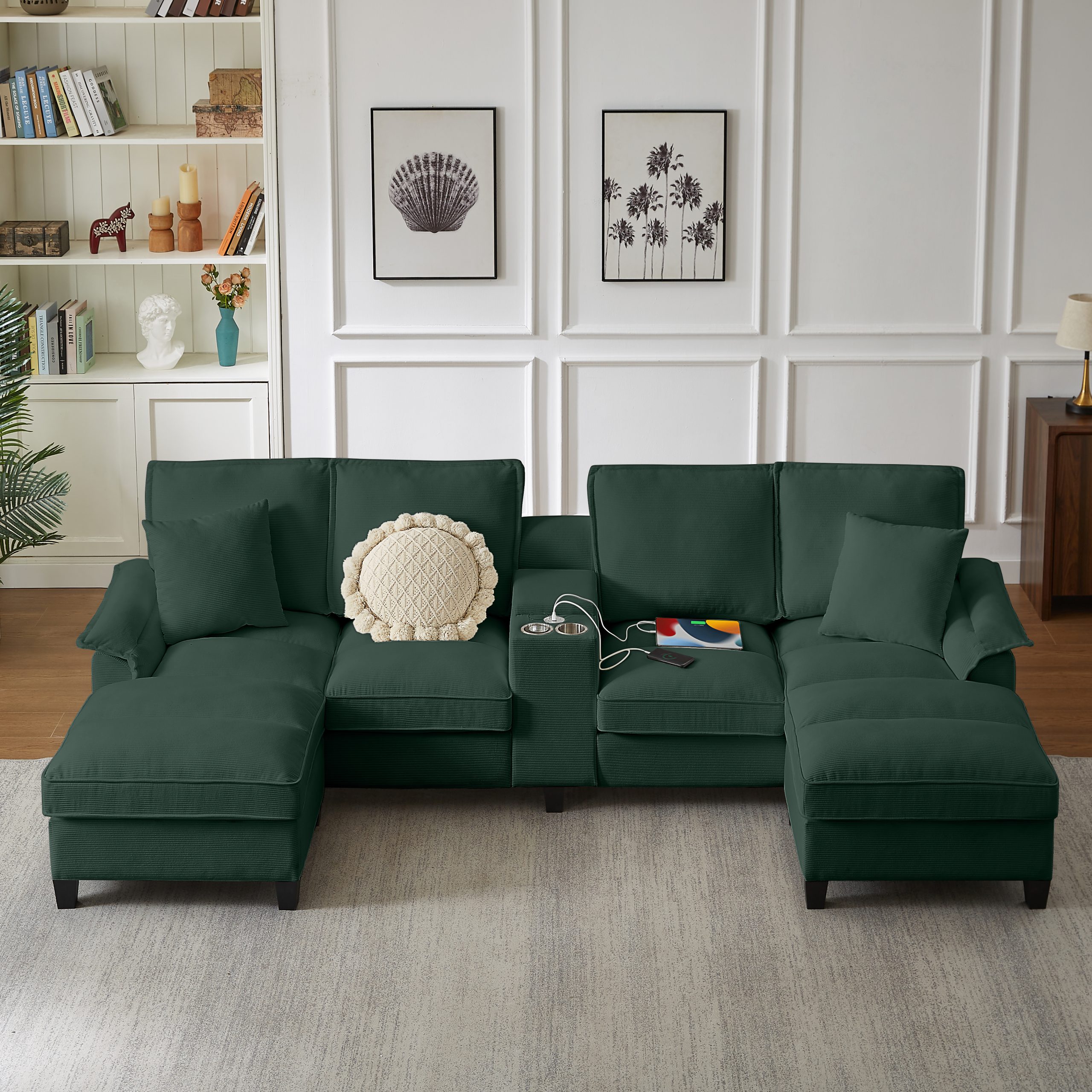 120" Modular Corduroy Sectional Sofa Bed with Storage – Modern U-Shaped Design, 4-Seater, Perfect for Living Room, Apartment, or Lounge, Featuring Cup Holders for Added Convenience (green)"​​ - Image 2