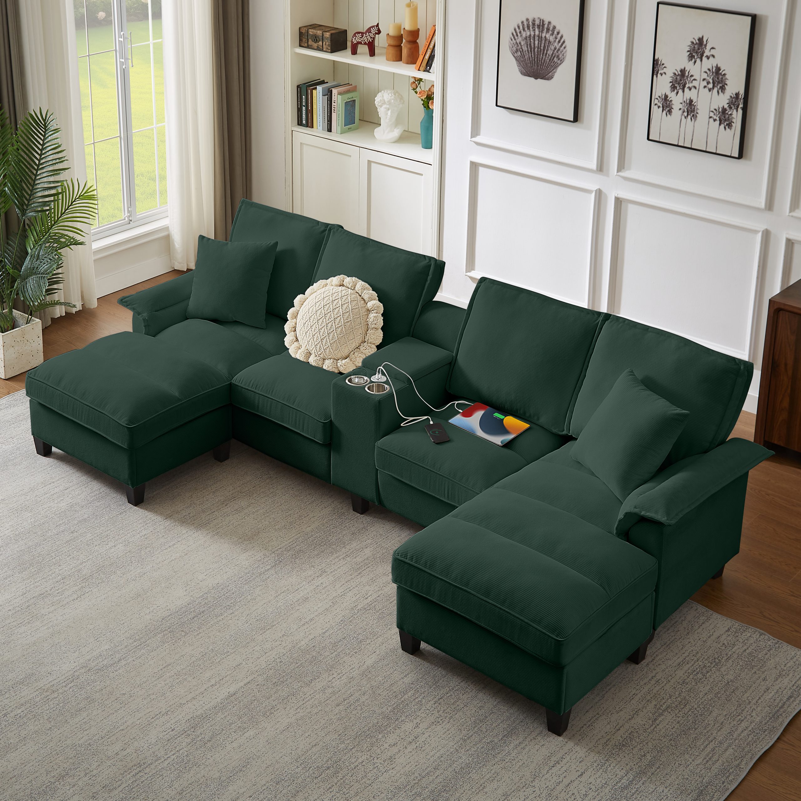 120" Modular Corduroy Sectional Sofa Bed with Storage – Modern U-Shaped Design, 4-Seater, Perfect for Living Room, Apartment, or Lounge, Featuring Cup Holders for Added Convenience (green)"​​ - Image 3