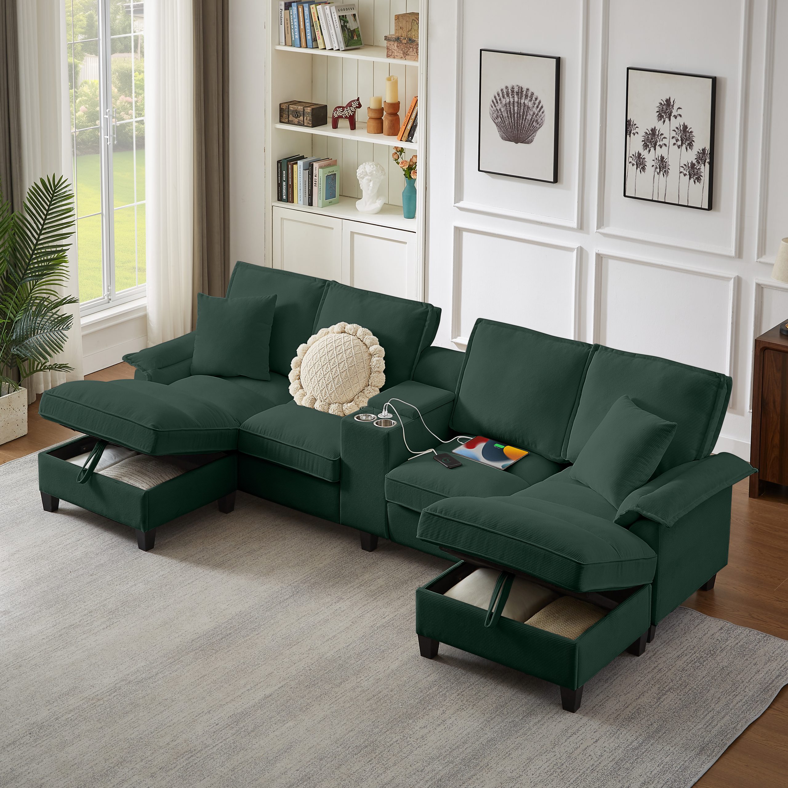 120" Modular Corduroy Sectional Sofa Bed with Storage – Modern U-Shaped Design, 4-Seater, Perfect for Living Room, Apartment, or Lounge, Featuring Cup Holders for Added Convenience (green)"​​ - Image 4