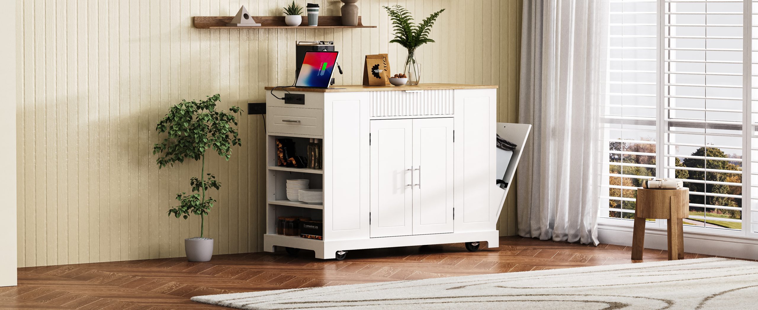 K&K Fluted Kitchen Island with Trash Can Storage Cabinet, Power Outlet, Internal Storage Rack, Rolling Kitchen Islands on 5 Wheels with 3 Drawer, 3 Open Side Racks for 10 Gallon Garbage Bin, White - Image 3
