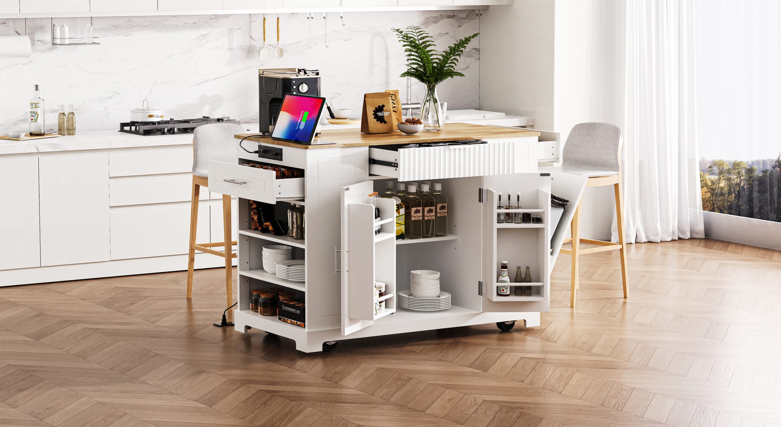 K&K Fluted Kitchen Island with Trash Can Storage Cabinet, Power Outlet, Internal Storage Rack, Rolling Kitchen Islands on 5 Wheels with 3 Drawer, 3 Open Side Racks for 10 Gallon Garbage Bin, White - Image 4