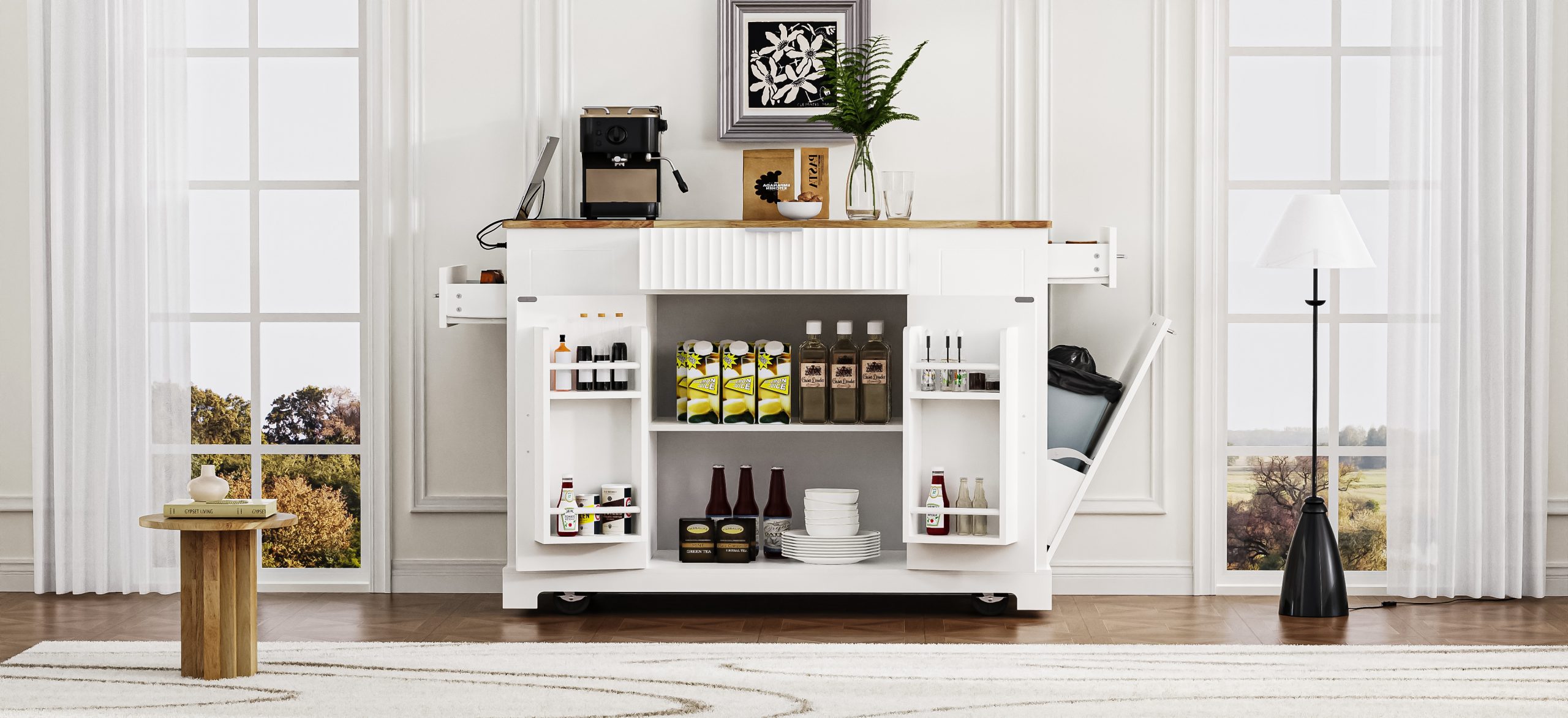 K&K Fluted Kitchen Island with Trash Can Storage Cabinet, Power Outlet, Internal Storage Rack, Rolling Kitchen Islands on 5 Wheels with 3 Drawer, 3 Open Side Racks for 10 Gallon Garbage Bin, White - Image 5