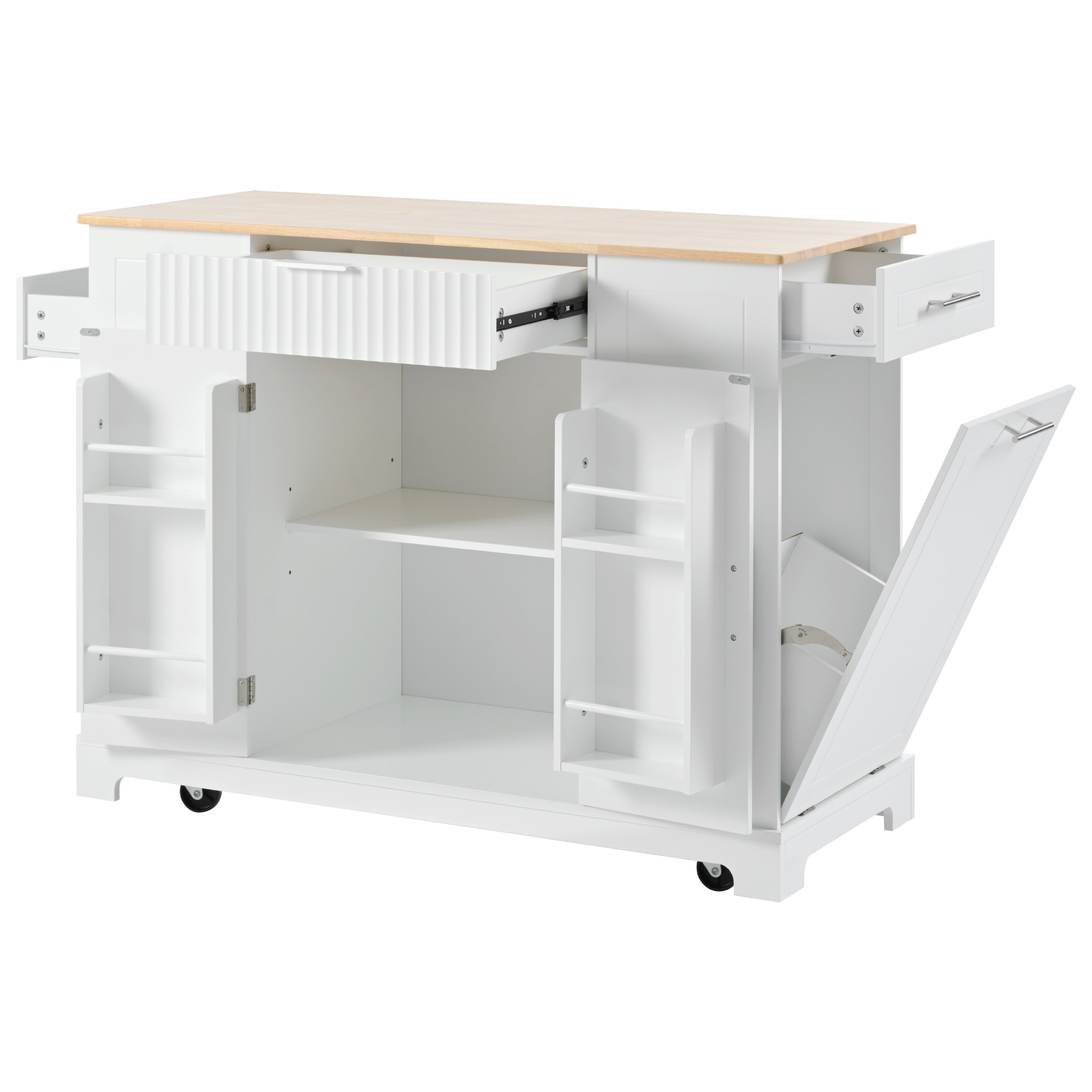 K&K Fluted Kitchen Island with Trash Can Storage Cabinet, Power Outlet, Internal Storage Rack, Rolling Kitchen Islands on 5 Wheels with 3 Drawer, 3 Open Side Racks for 10 Gallon Garbage Bin, White - Image 6