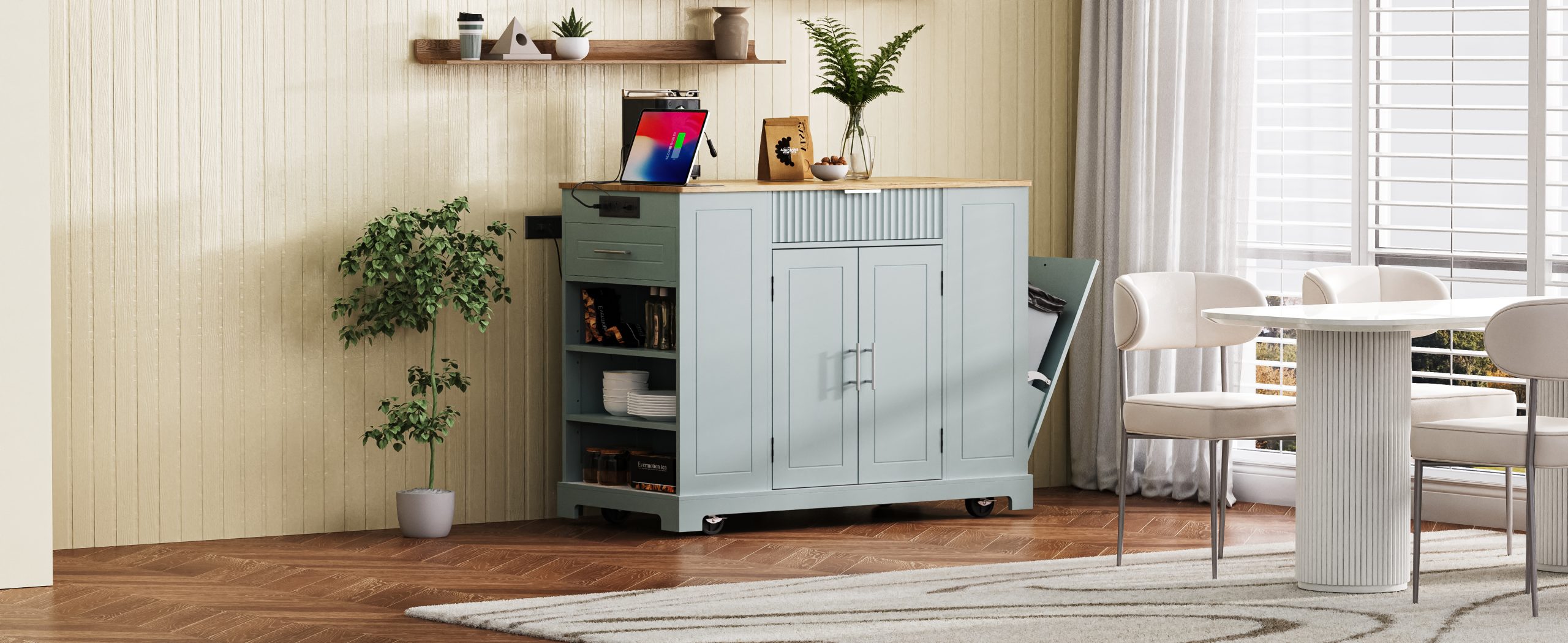 K&K Fluted Kitchen Island with Trash Can Storage Cabinet, Power Outlet, Internal Storage Rack, Rolling Kitchen Islands on 5 Wheels with 3 Drawer, 3 Open Side Racks for 10 Gallon Garbage Bin,Grey Blue - Image 2