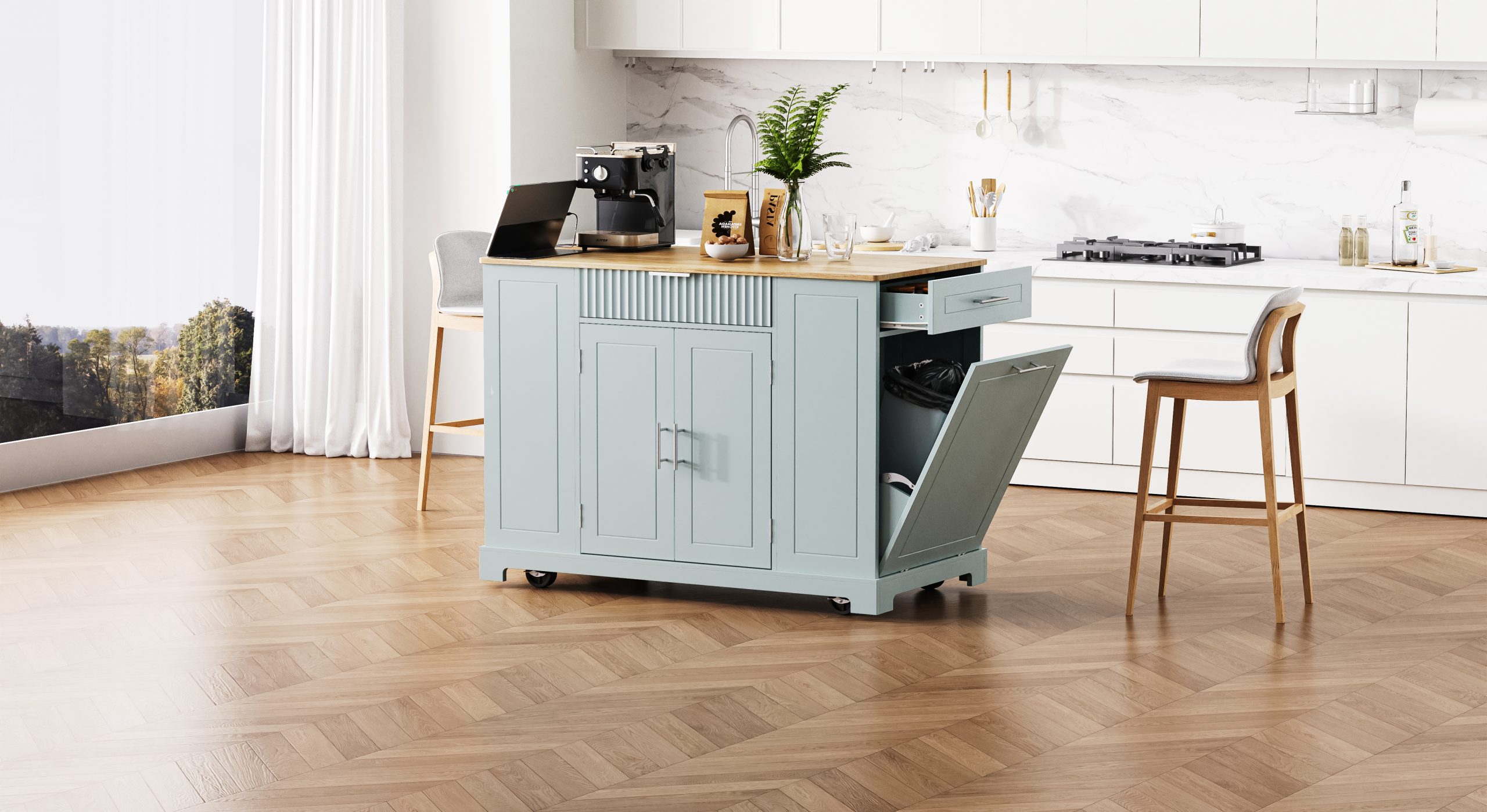 K&K Fluted Kitchen Island with Trash Can Storage Cabinet, Power Outlet, Internal Storage Rack, Rolling Kitchen Islands on 5 Wheels with 3 Drawer, 3 Open Side Racks for 10 Gallon Garbage Bin,Grey Blue - Image 3
