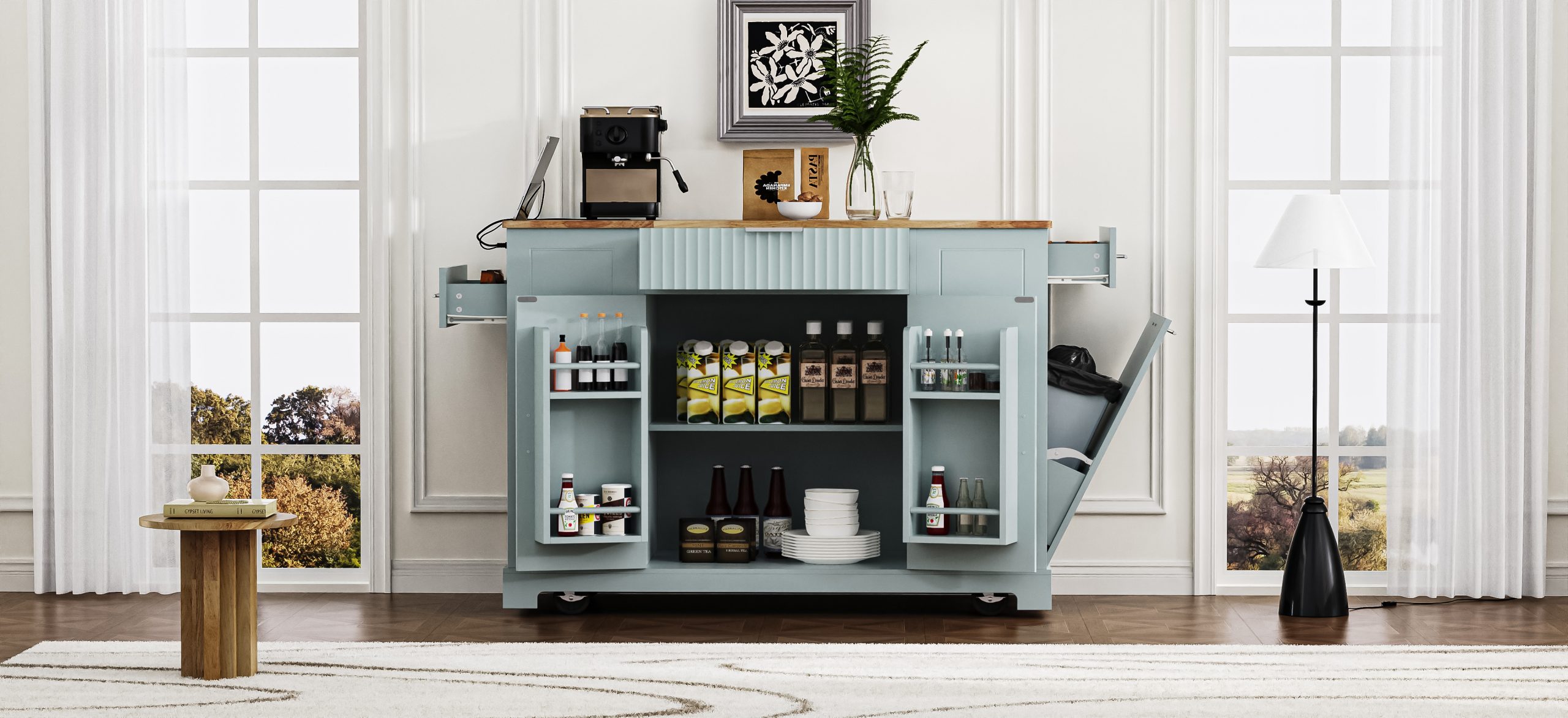 K&K Fluted Kitchen Island with Trash Can Storage Cabinet, Power Outlet, Internal Storage Rack, Rolling Kitchen Islands on 5 Wheels with 3 Drawer, 3 Open Side Racks for 10 Gallon Garbage Bin,Grey Blue - Image 4