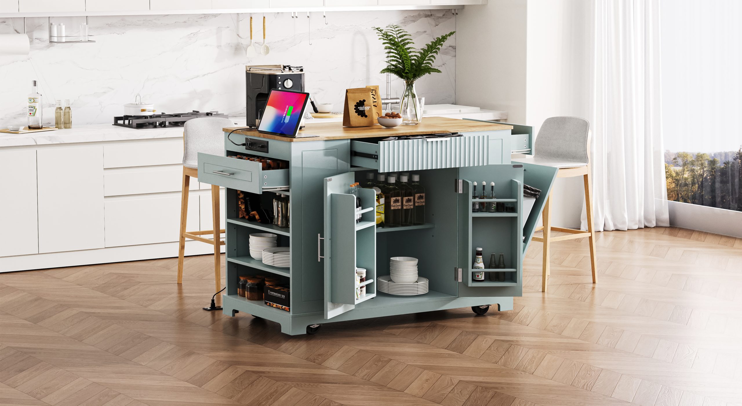 K&K Fluted Kitchen Island with Trash Can Storage Cabinet, Power Outlet, Internal Storage Rack, Rolling Kitchen Islands on 5 Wheels with 3 Drawer, 3 Open Side Racks for 10 Gallon Garbage Bin,Grey Blue - Image 5