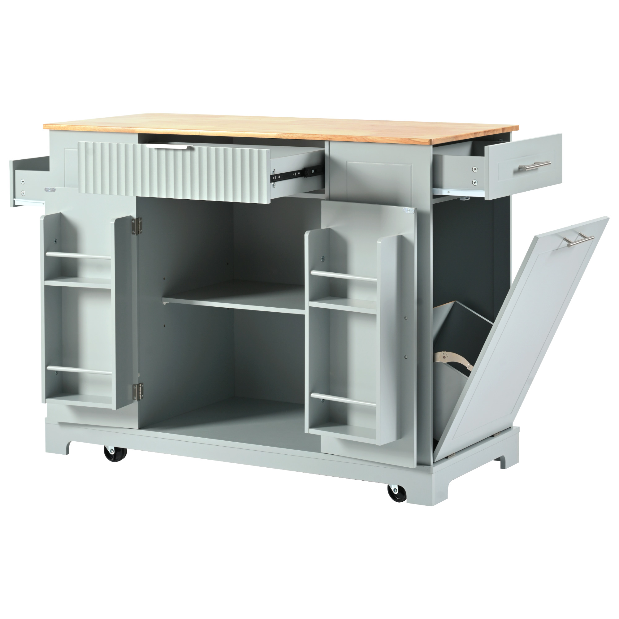 K&K Fluted Kitchen Island with Trash Can Storage Cabinet, Power Outlet, Internal Storage Rack, Rolling Kitchen Islands on 5 Wheels with 3 Drawer, 3 Open Side Racks for 10 Gallon Garbage Bin,Grey Blue - Image 6