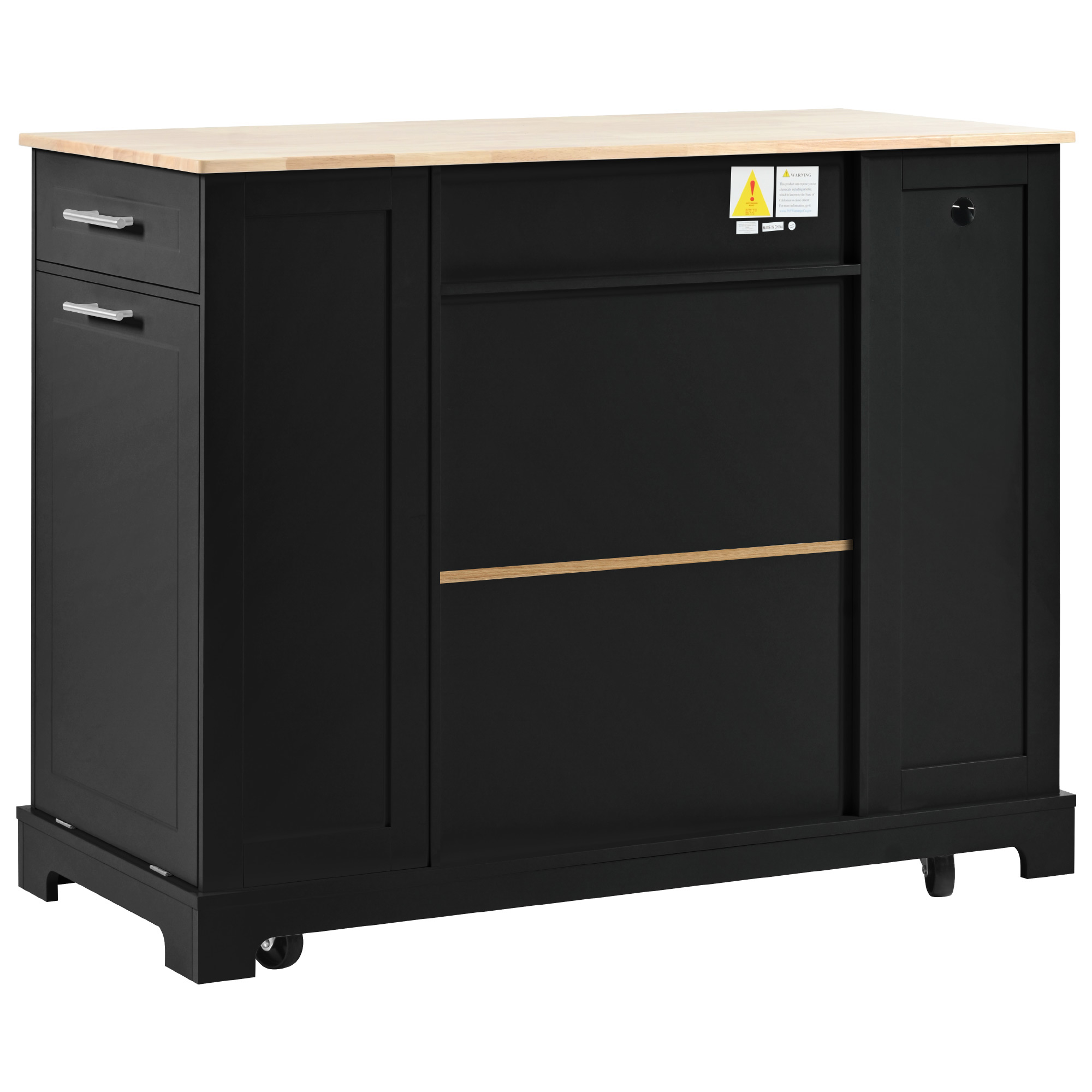 K&K Fluted Kitchen Island with Trash Can Storage Cabinet, Power Outlet, Internal Storage Rack, Rolling Kitchen Islands on 5 Wheels with 3 Drawer, 3 Open Side Racks for 10 Gallon Garbage Bin, Black - Image 2