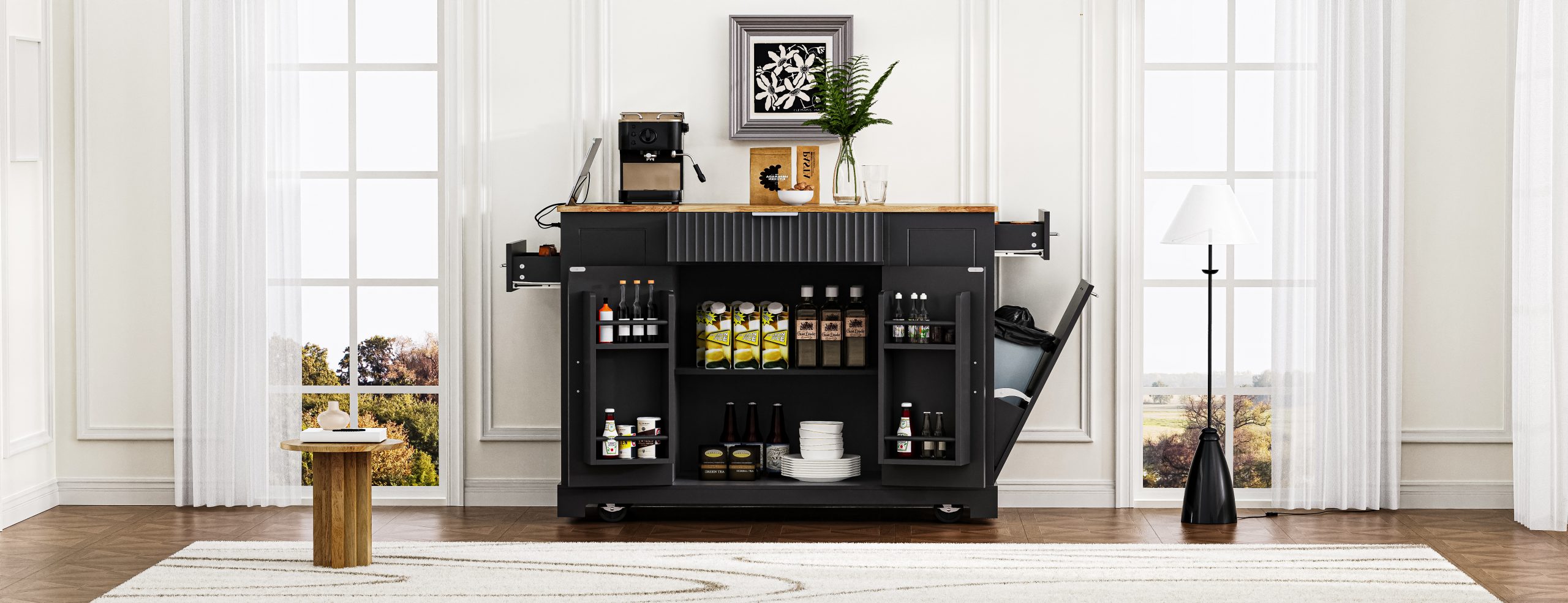 K&K Fluted Kitchen Island with Trash Can Storage Cabinet, Power Outlet, Internal Storage Rack, Rolling Kitchen Islands on 5 Wheels with 3 Drawer, 3 Open Side Racks for 10 Gallon Garbage Bin, Black - Image 3