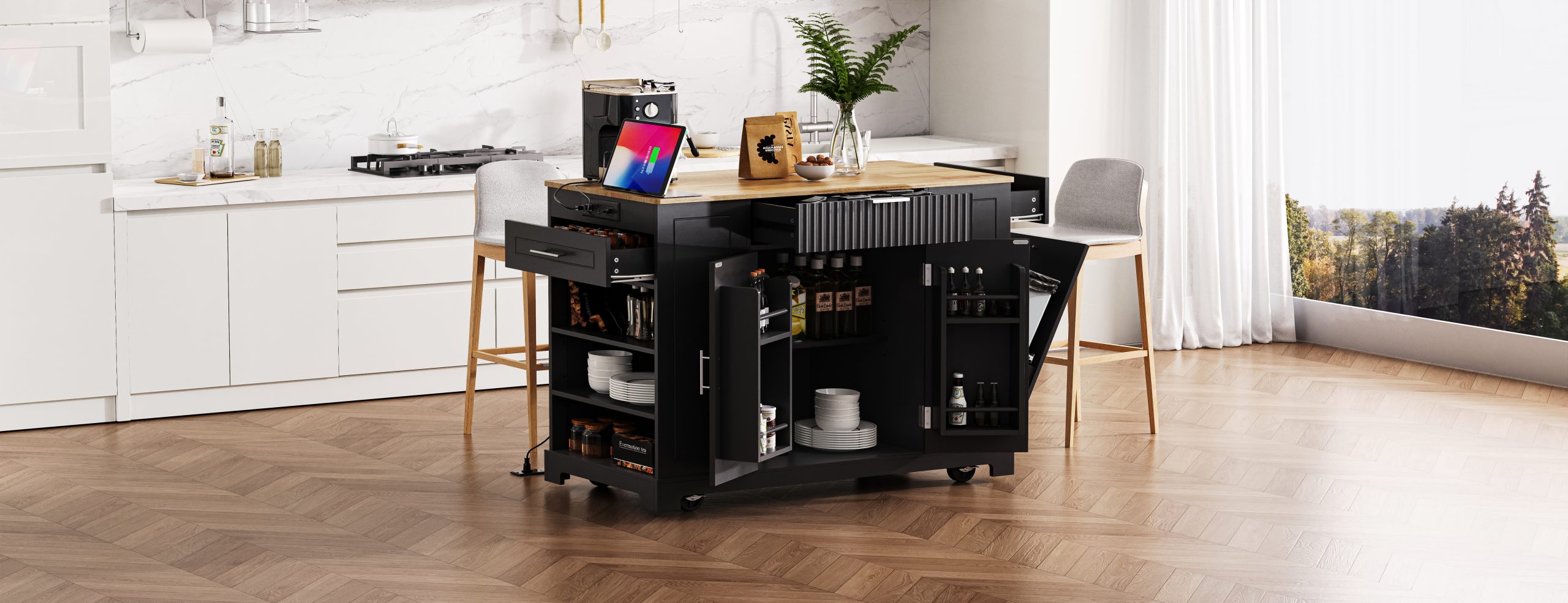 K&K Fluted Kitchen Island with Trash Can Storage Cabinet, Power Outlet, Internal Storage Rack, Rolling Kitchen Islands on 5 Wheels with 3 Drawer, 3 Open Side Racks for 10 Gallon Garbage Bin, Black - Image 4