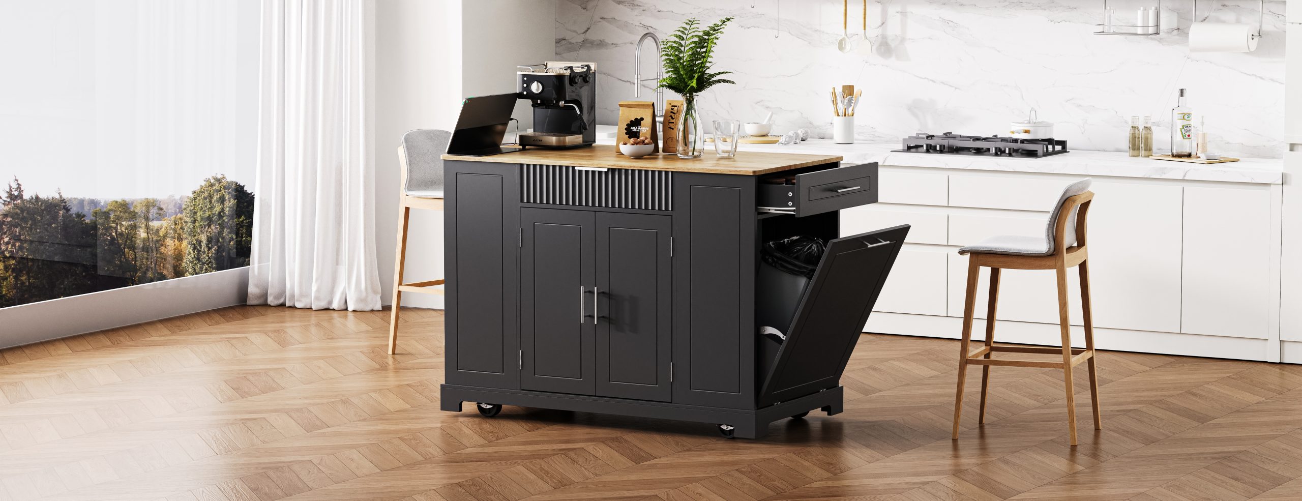 K&K Fluted Kitchen Island with Trash Can Storage Cabinet, Power Outlet, Internal Storage Rack, Rolling Kitchen Islands on 5 Wheels with 3 Drawer, 3 Open Side Racks for 10 Gallon Garbage Bin, Black - Image 5