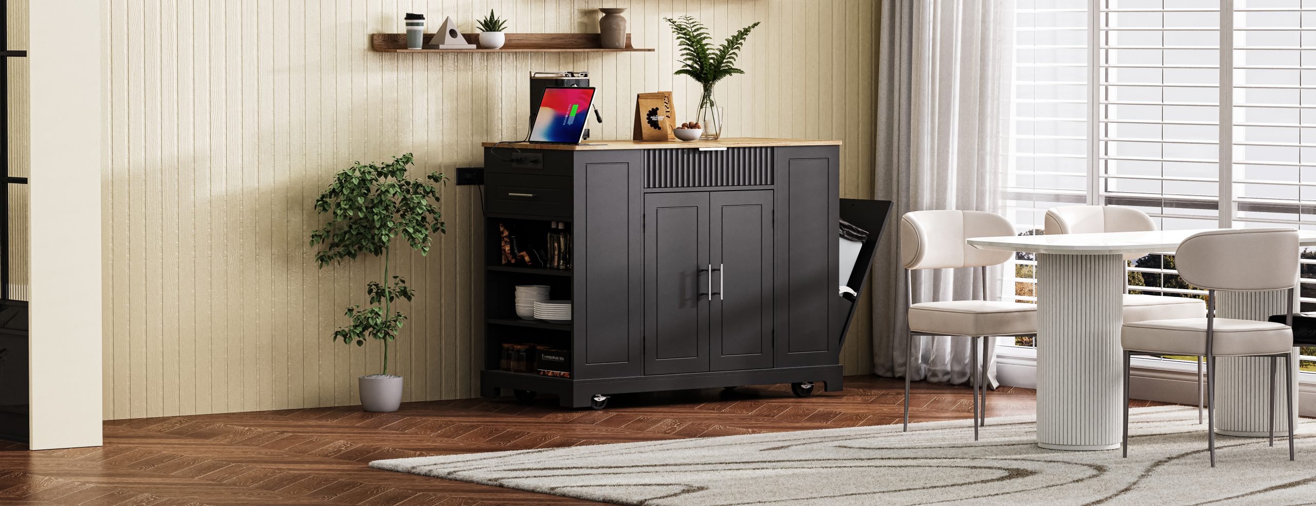 K&K Fluted Kitchen Island with Trash Can Storage Cabinet, Power Outlet, Internal Storage Rack, Rolling Kitchen Islands on 5 Wheels with 3 Drawer, 3 Open Side Racks for 10 Gallon Garbage Bin, Black - Image 6