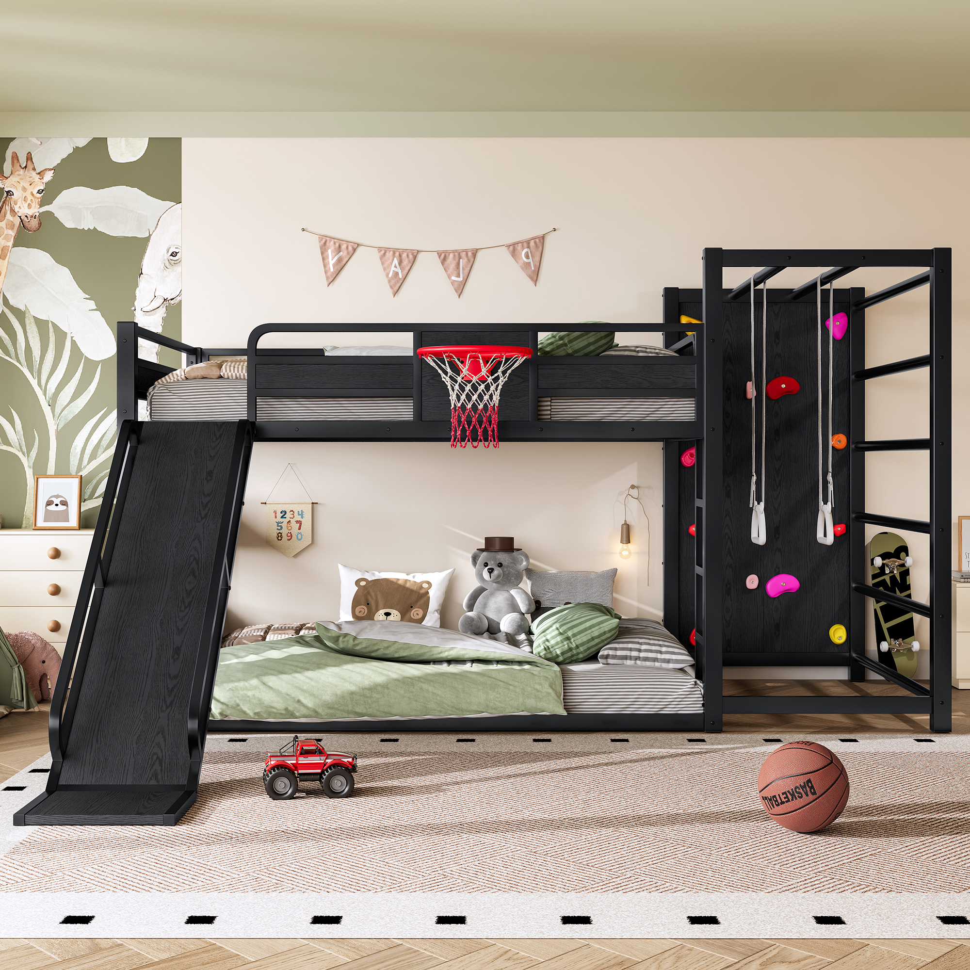 Full size metal loft bed with basketball hoop, pull-up rings, climbing wall, and built-in bookshelves. Playful children's design featuring a slide,Black - Image 2