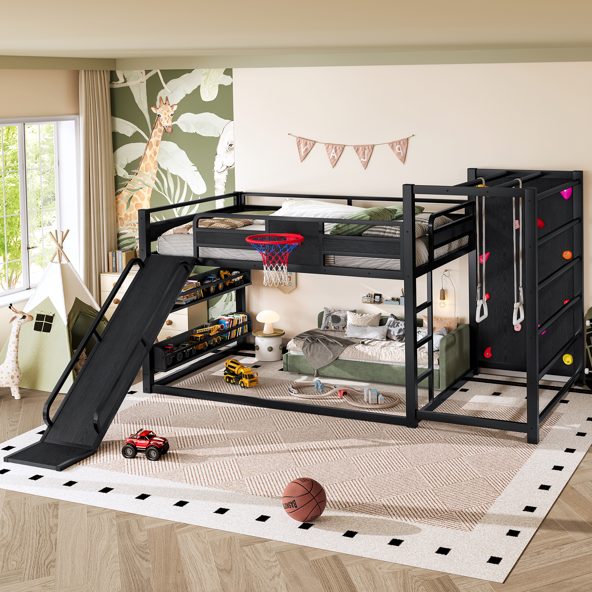 Full size metal loft bed with basketball hoop, pull-up rings, climbing wall, and built-in bookshelves. Playful children's design featuring a slide,Black - Image 3
