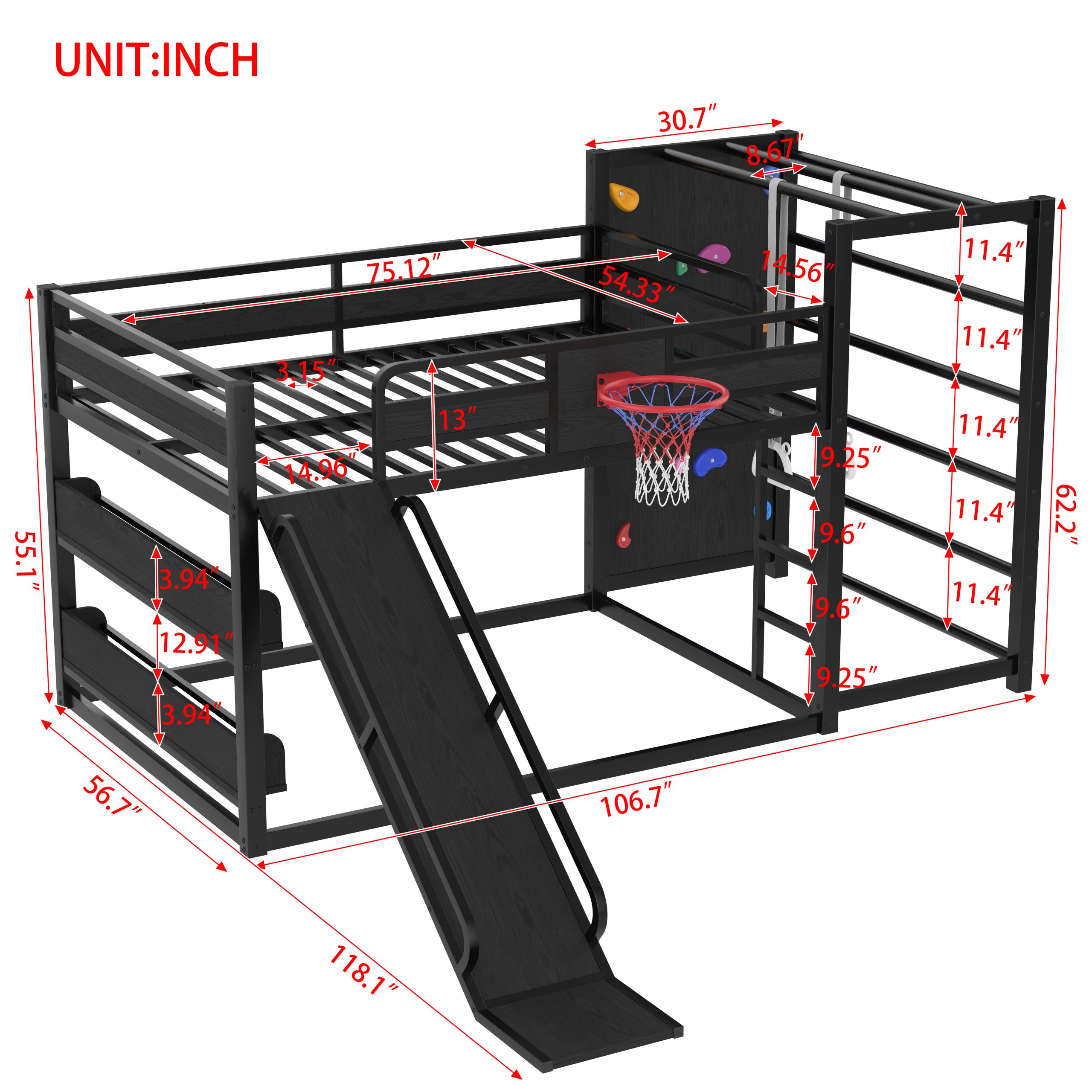 Full size metal loft bed with basketball hoop, pull-up rings, climbing wall, and built-in bookshelves. Playful children's design featuring a slide,Black - Image 5