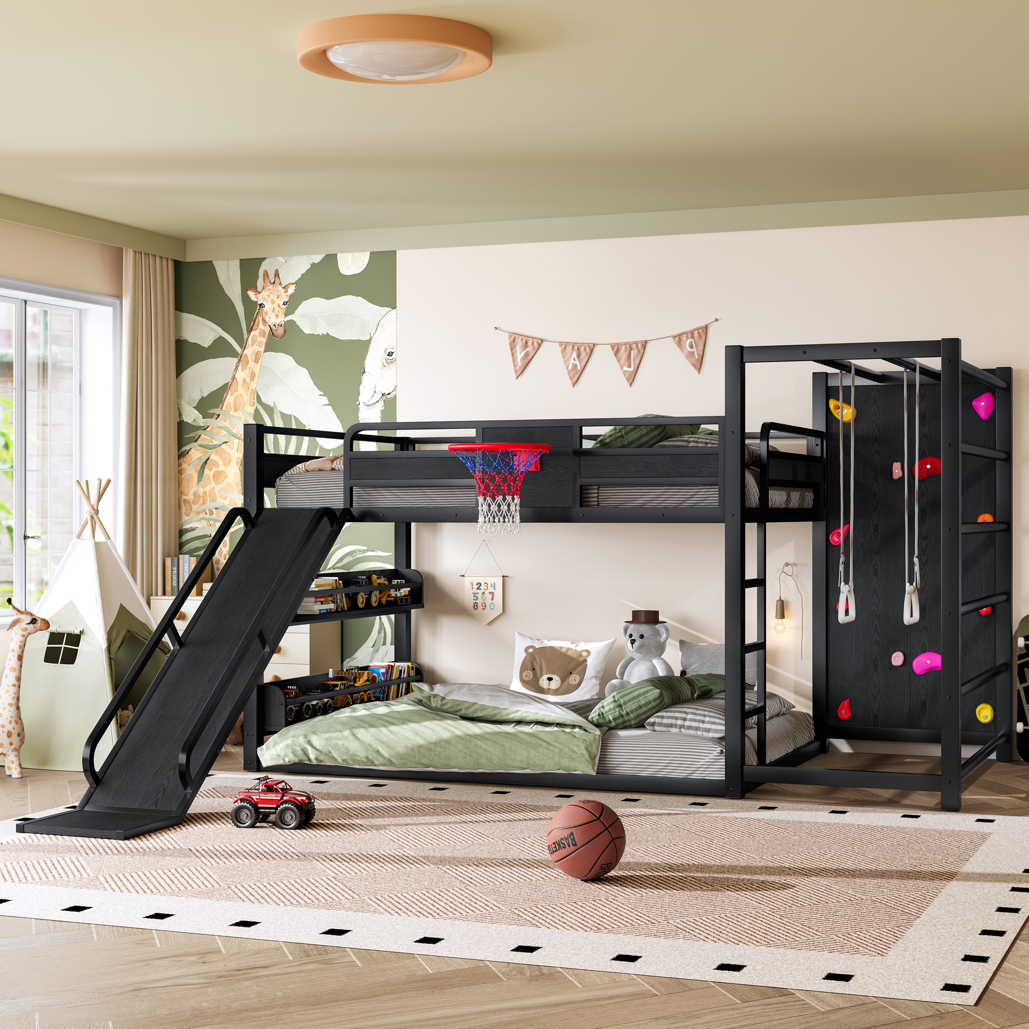 Full size metal loft bed with basketball hoop, pull-up rings, climbing wall, and built-in bookshelves. Playful children's design featuring a slide,Black - Image 4